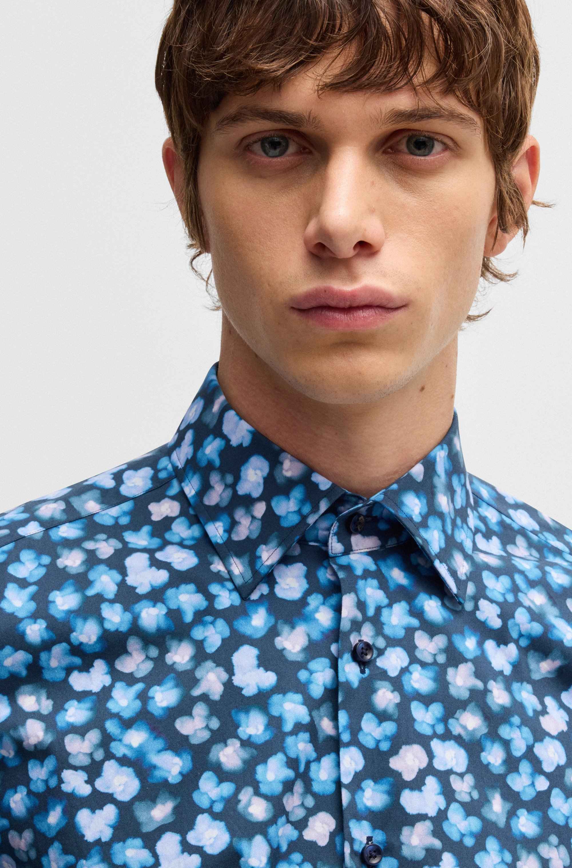 Regular-fit shirt in floral-print stretch-cotton poplin