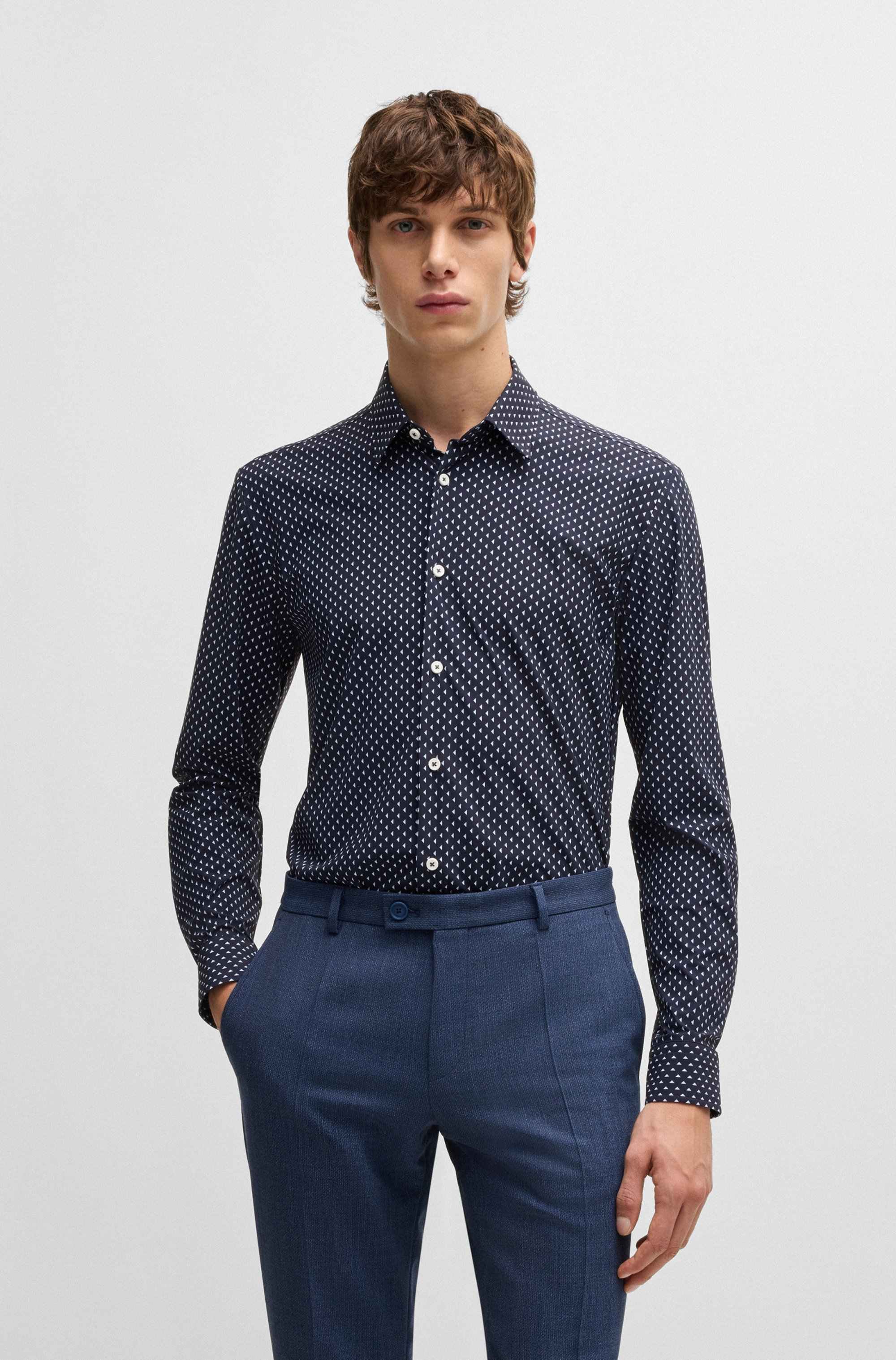 Slim-fit shirt in geometric-print performance-stretch fabric