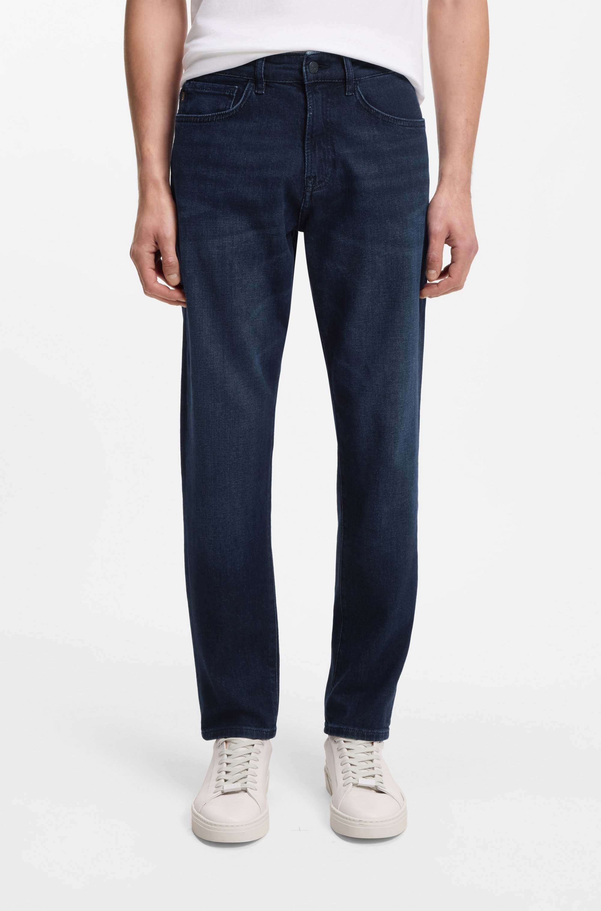 Tapered-fit jeans in dark-blue comfort-stretch denim