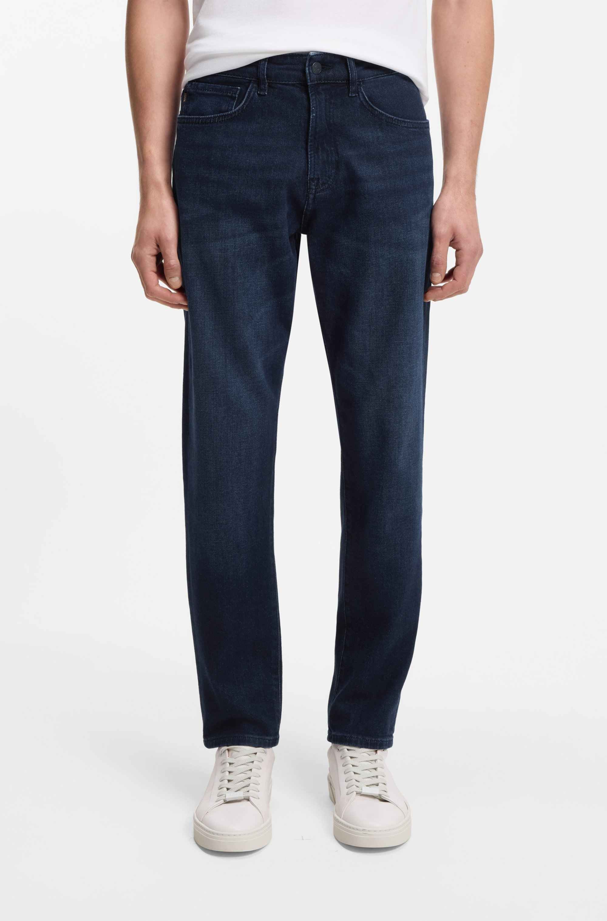 Tapered-fit jeans in dark-blue comfort-stretch denim