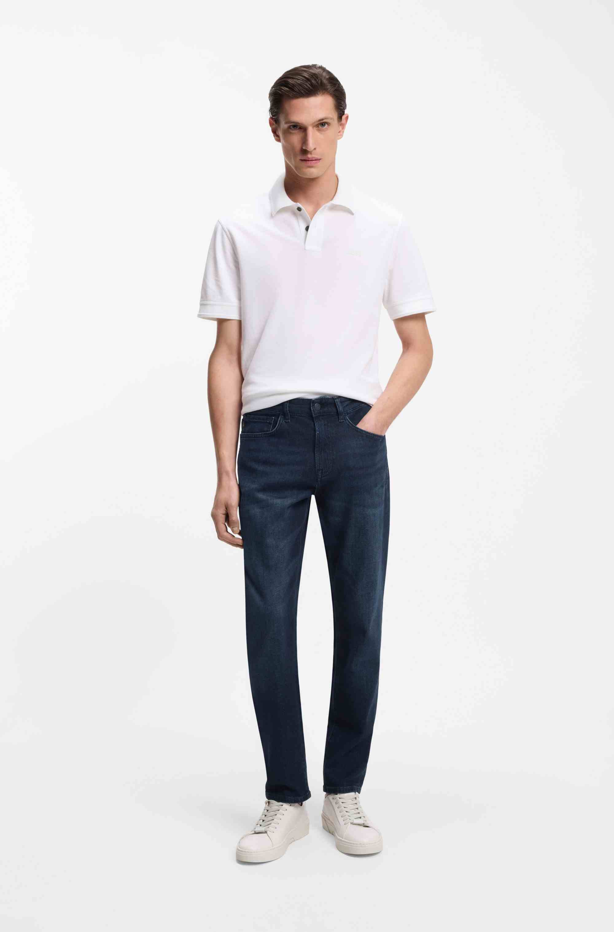 Tapered-fit jeans in dark-blue comfort-stretch denim