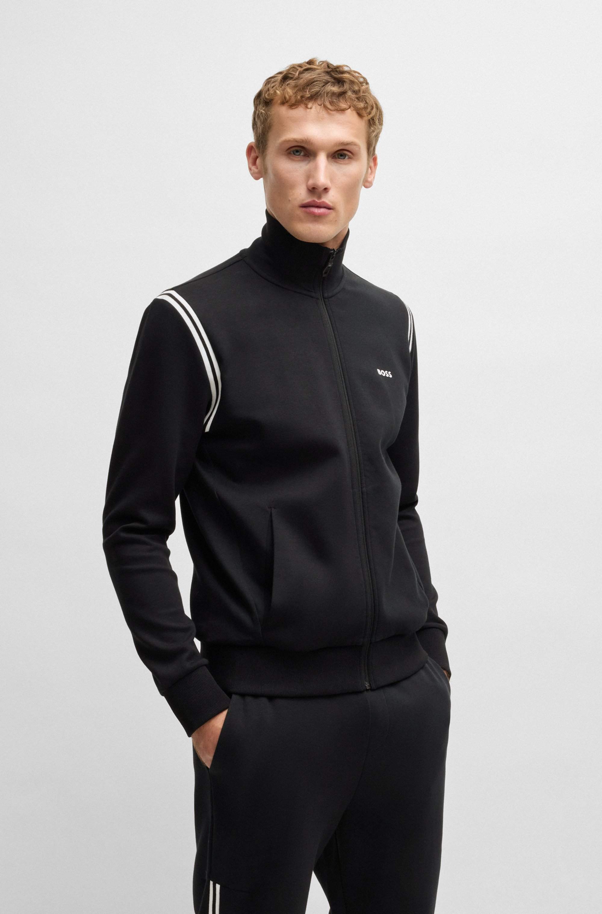 Stretch-cotton regular-fit tracksuit set with stripe inserts