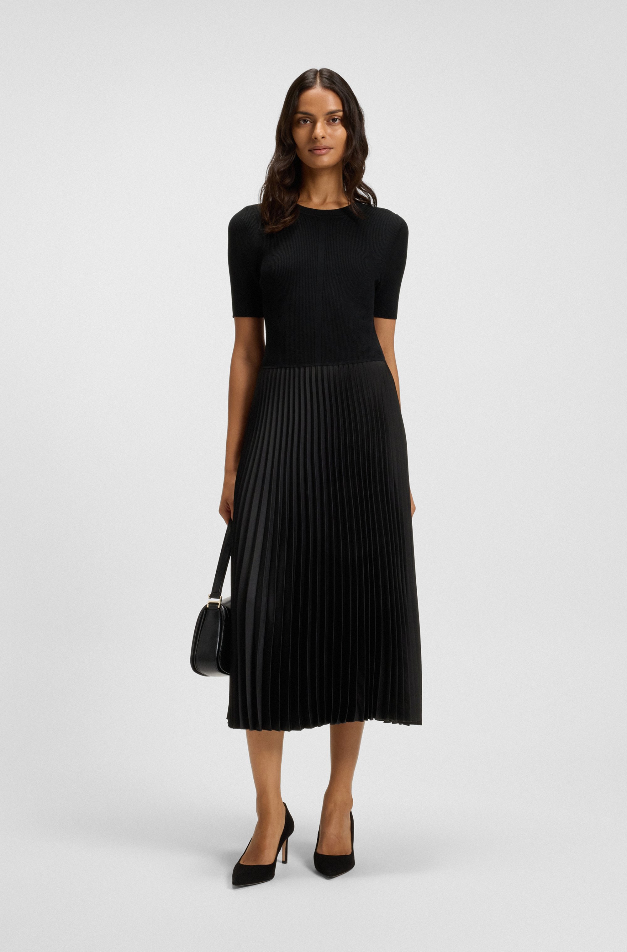 Mixed-material dress with plissé skirt