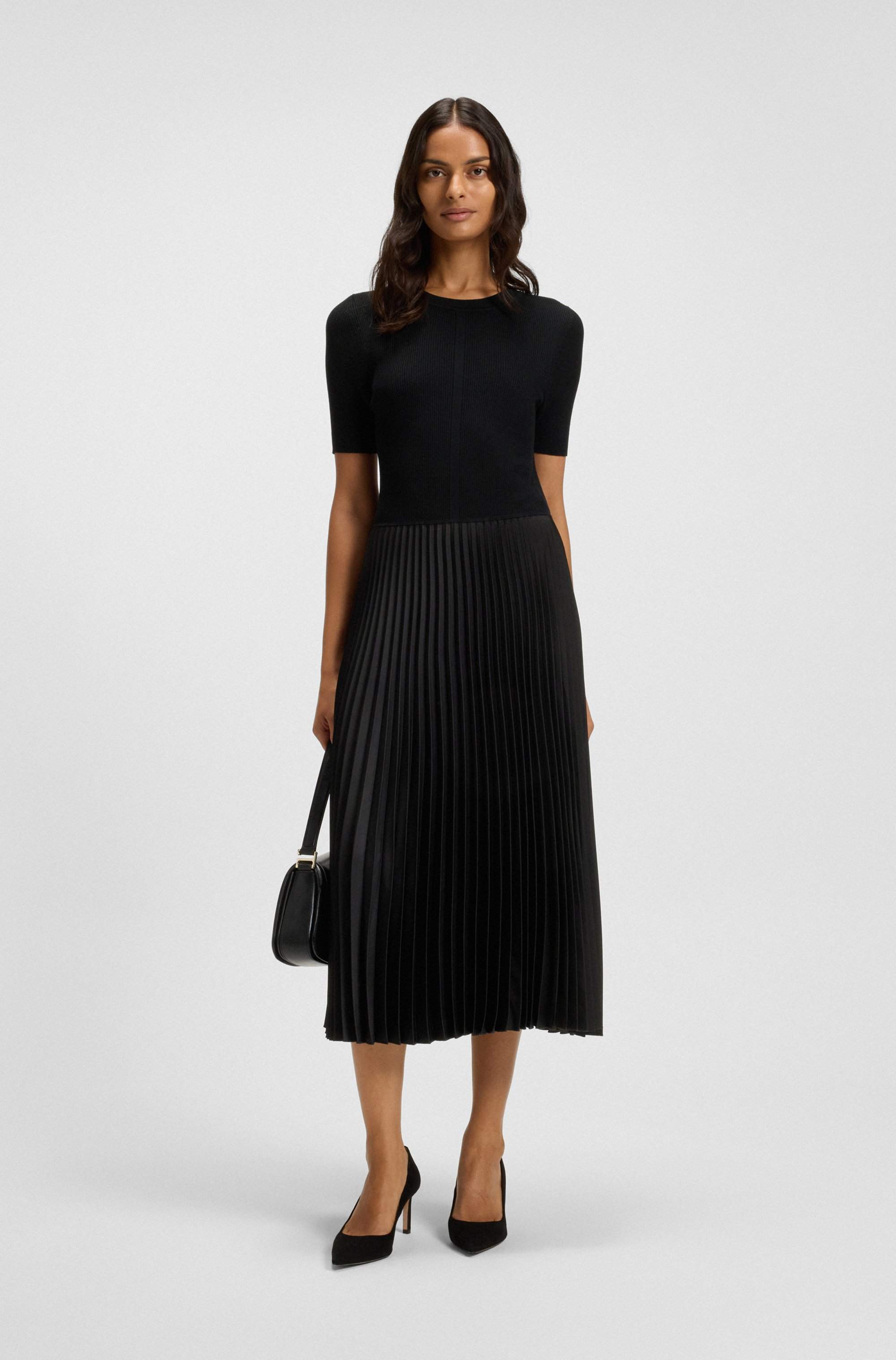 Mixed-material dress with plissé skirt