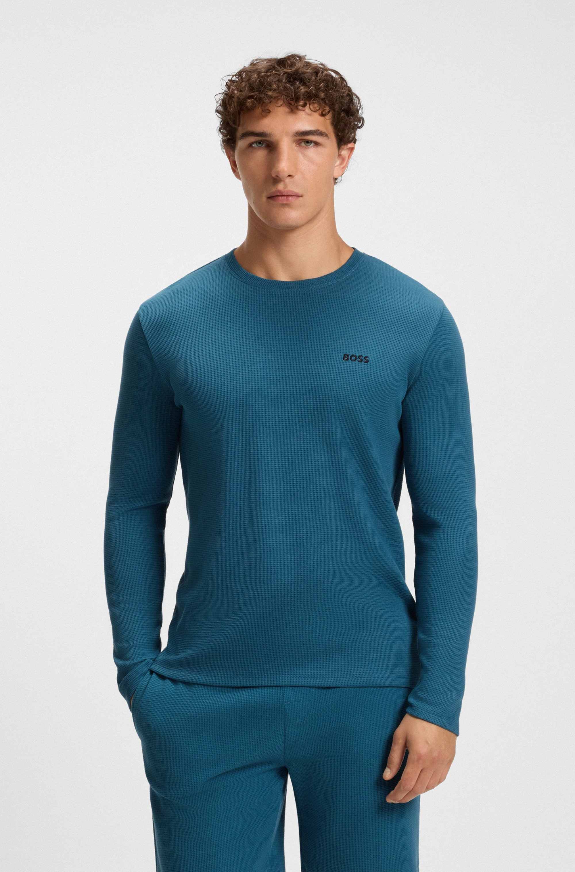 Waffle-structured pyjama T-shirt in a cotton blend