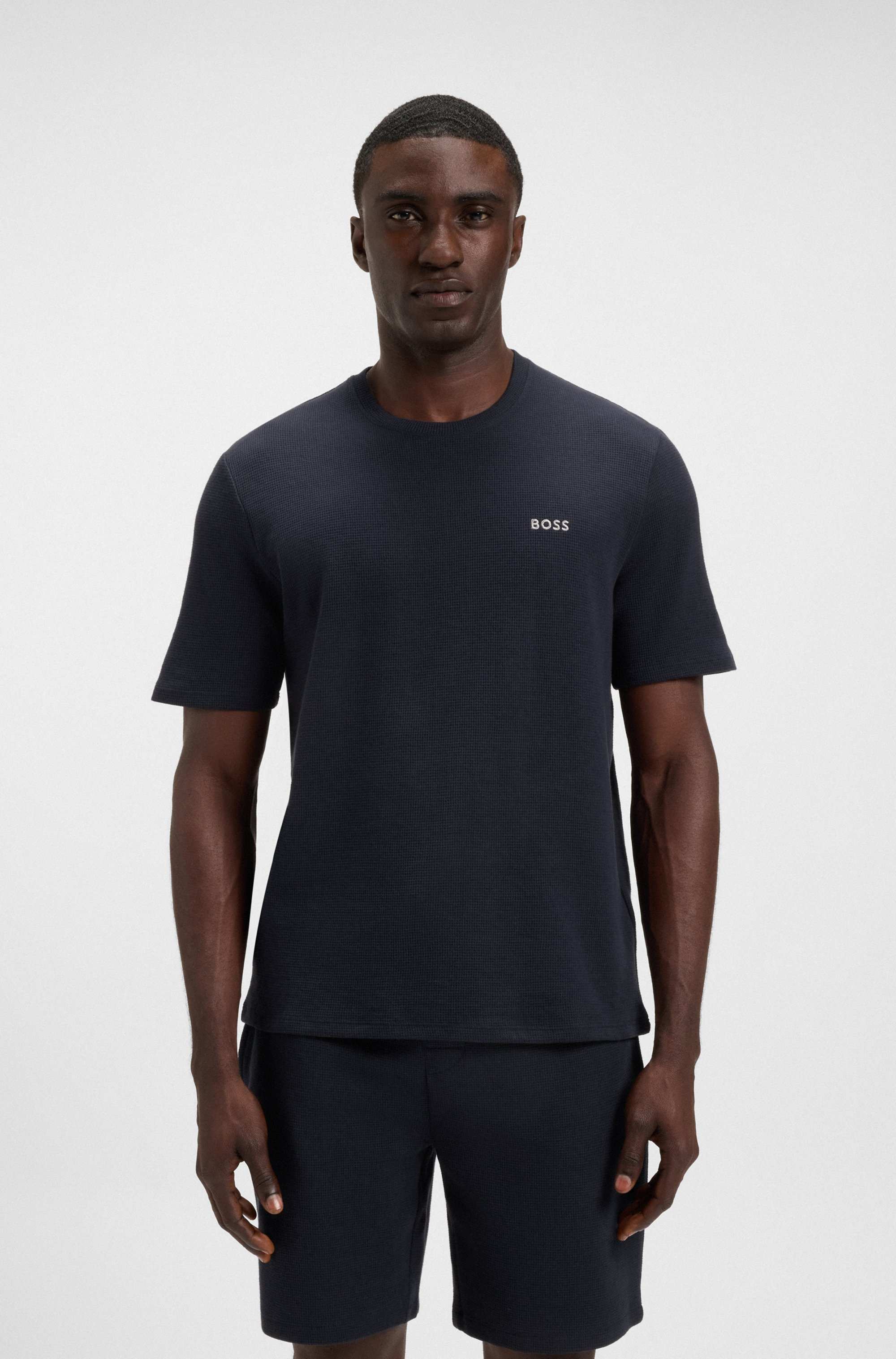 Waffle-structured pyjama T-shirt with embroidered logo