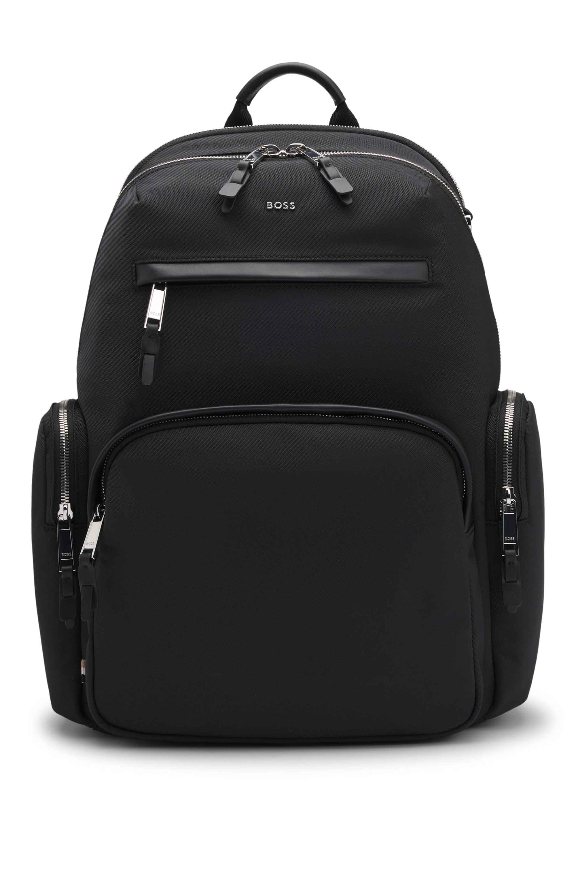 Multi-pocket backpack with leather trims