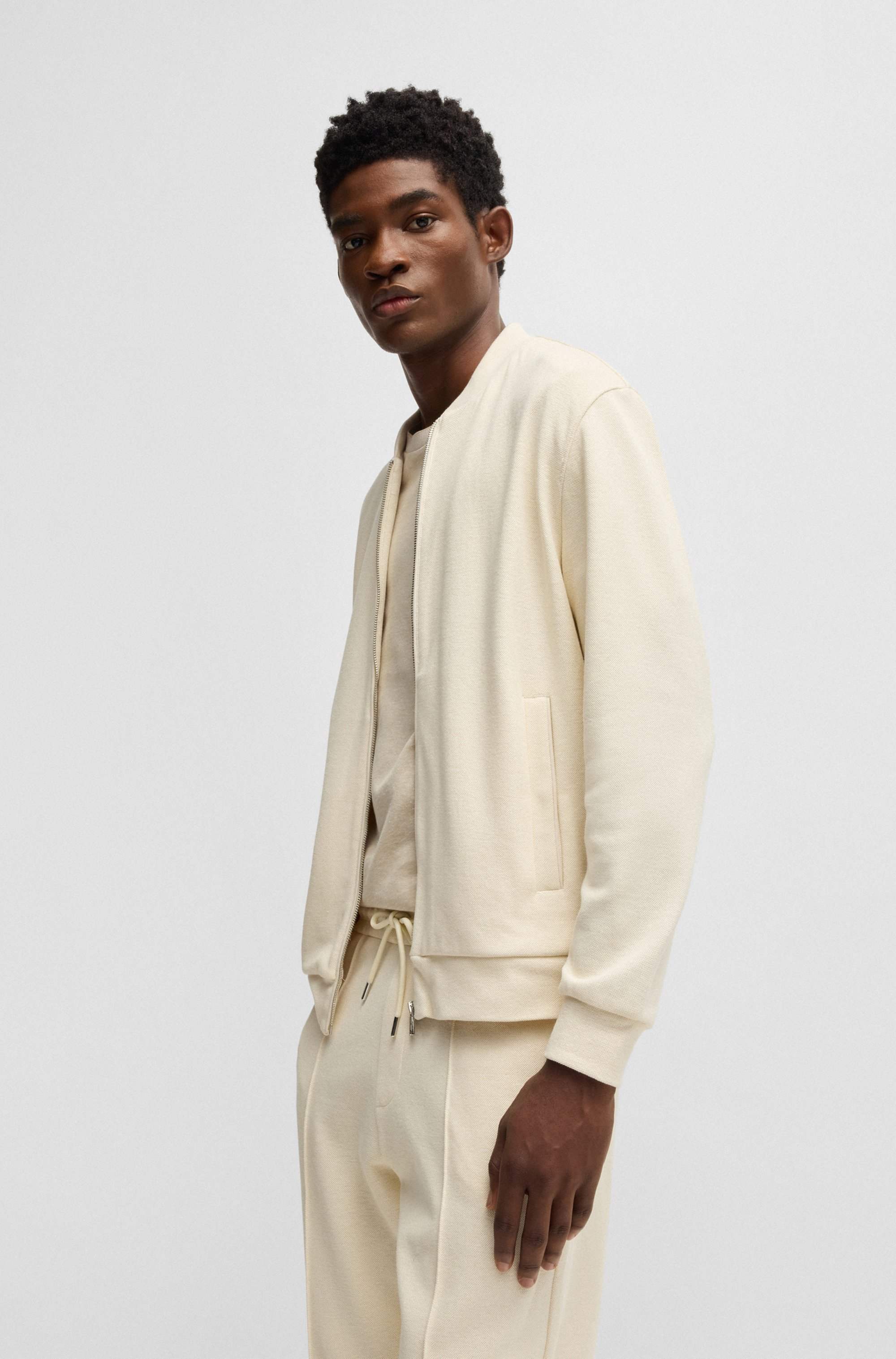 Zip-up sweatshirt in cotton-linen piqué