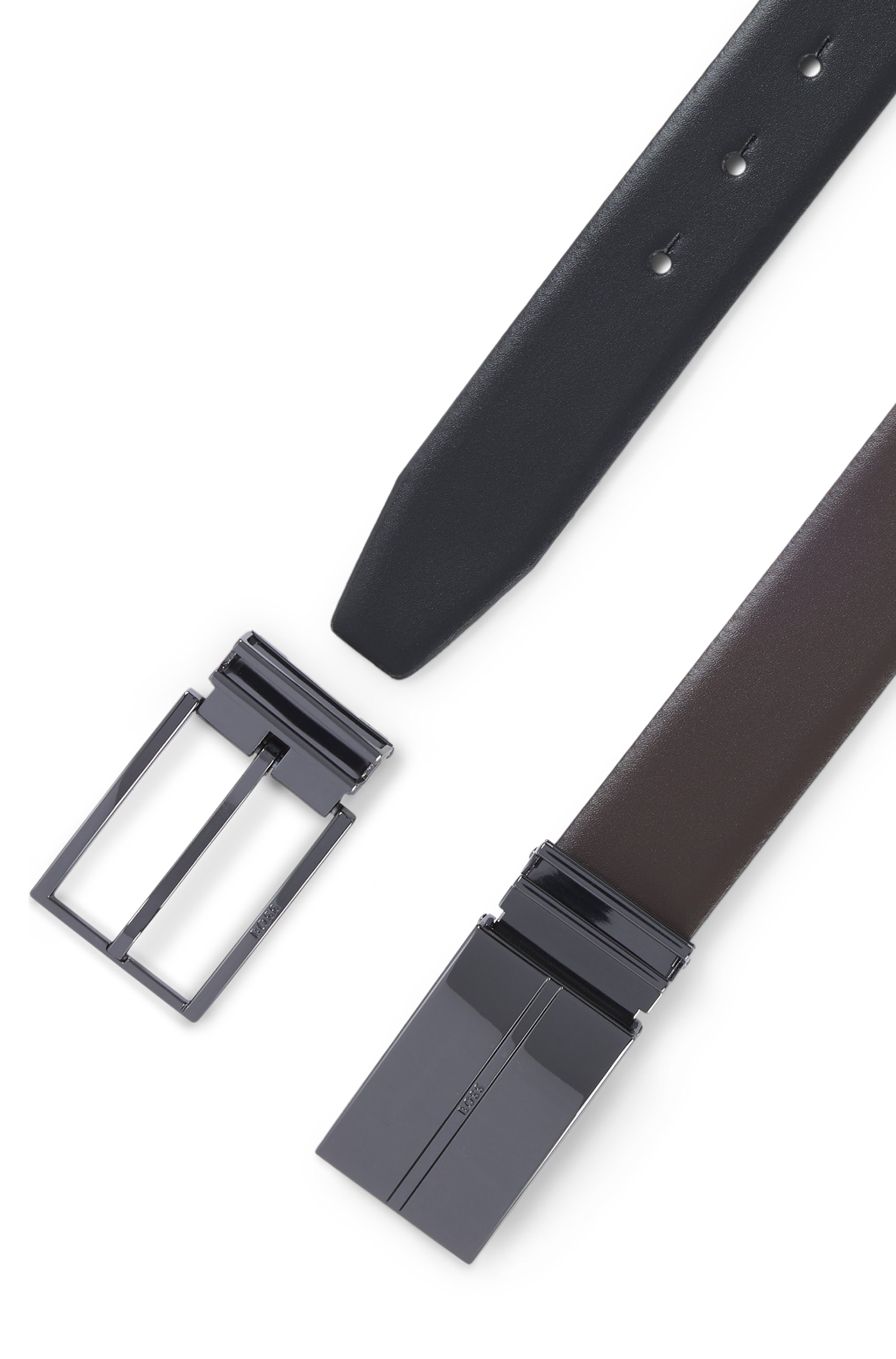 Reversible Italian-leather belt with interchangeable buckles