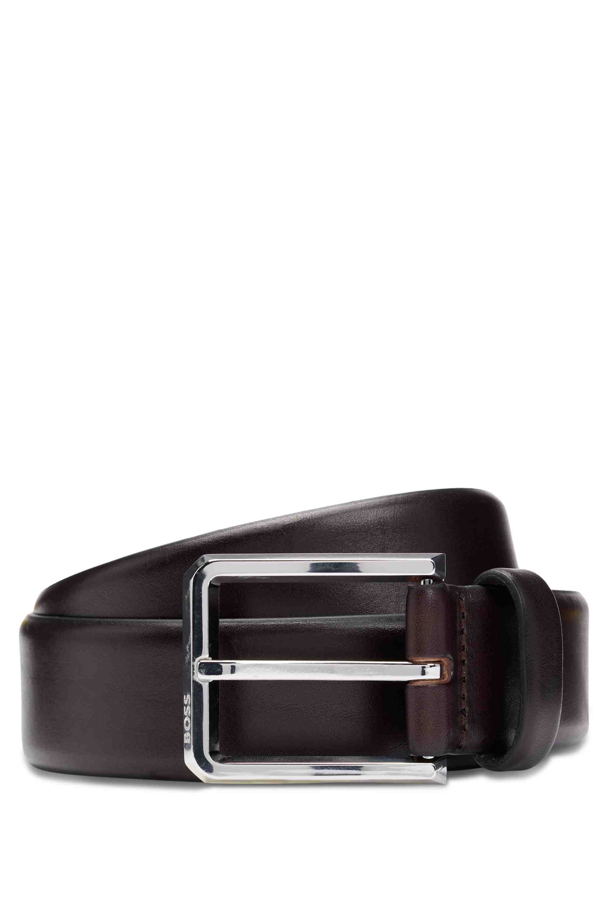 Italian-leather belt with polished gunmetal buckle