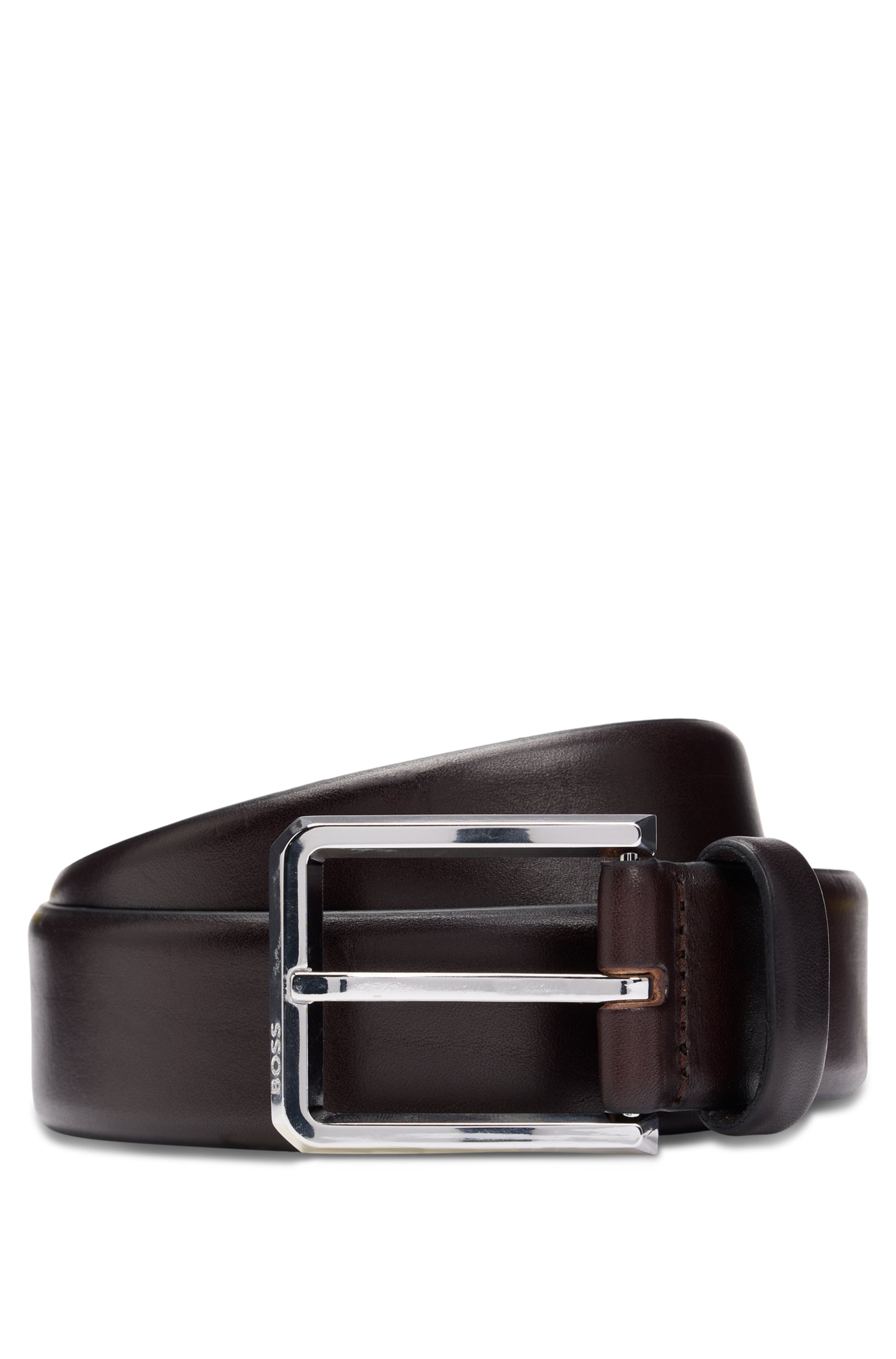 Italian-leather belt with polished gunmetal buckle