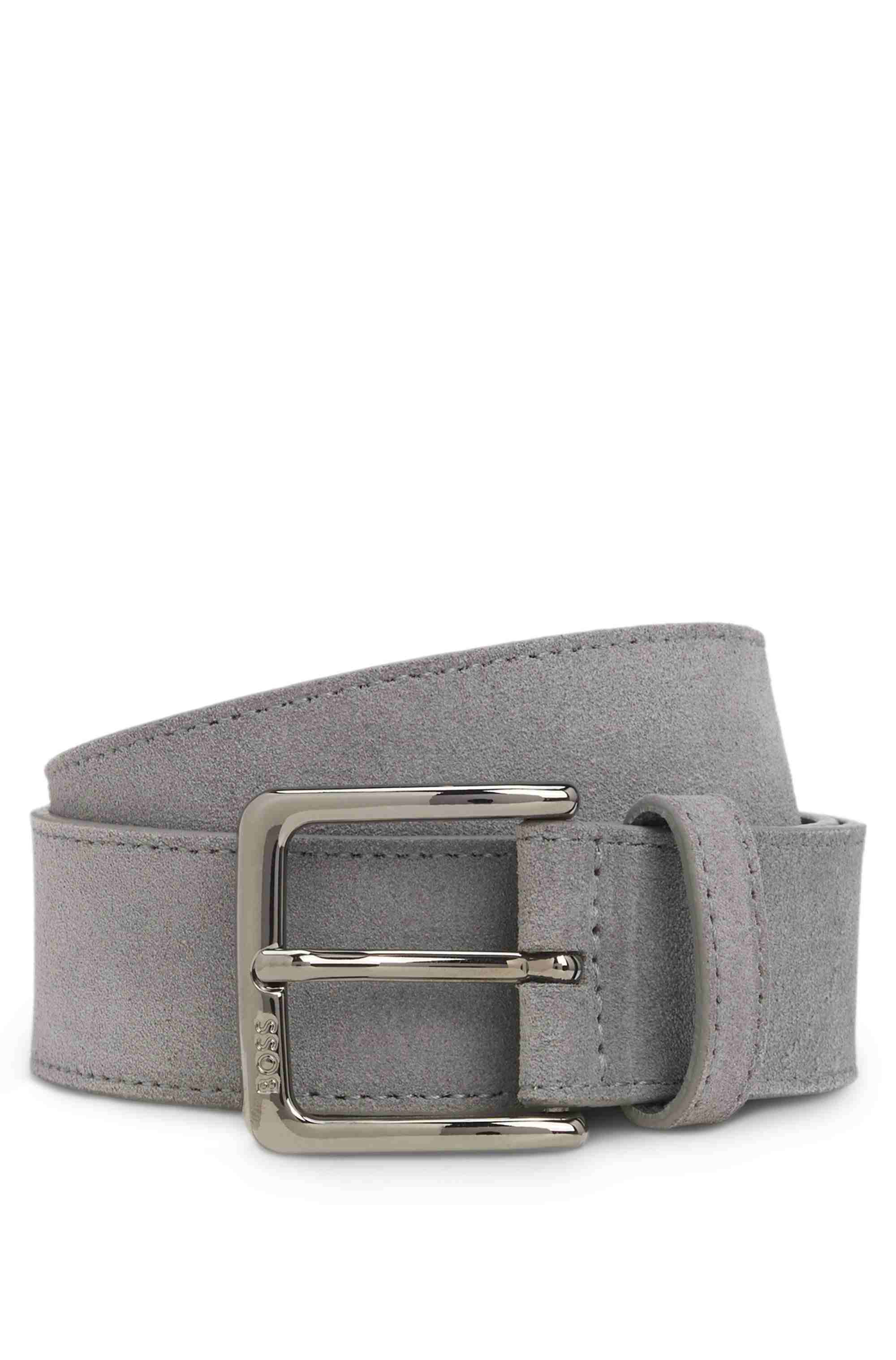 Suede belt with logo-engraved gunmetal buckle