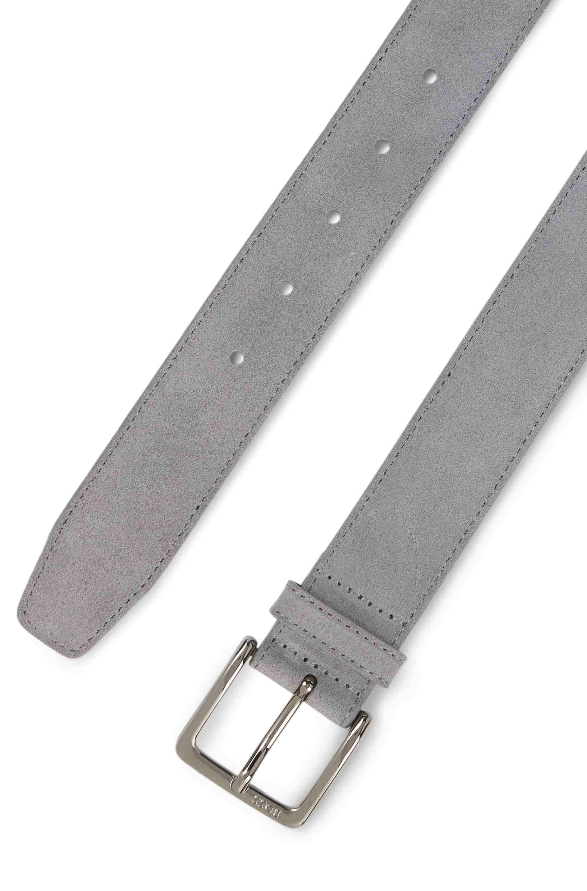 Suede belt with logo-engraved gunmetal buckle