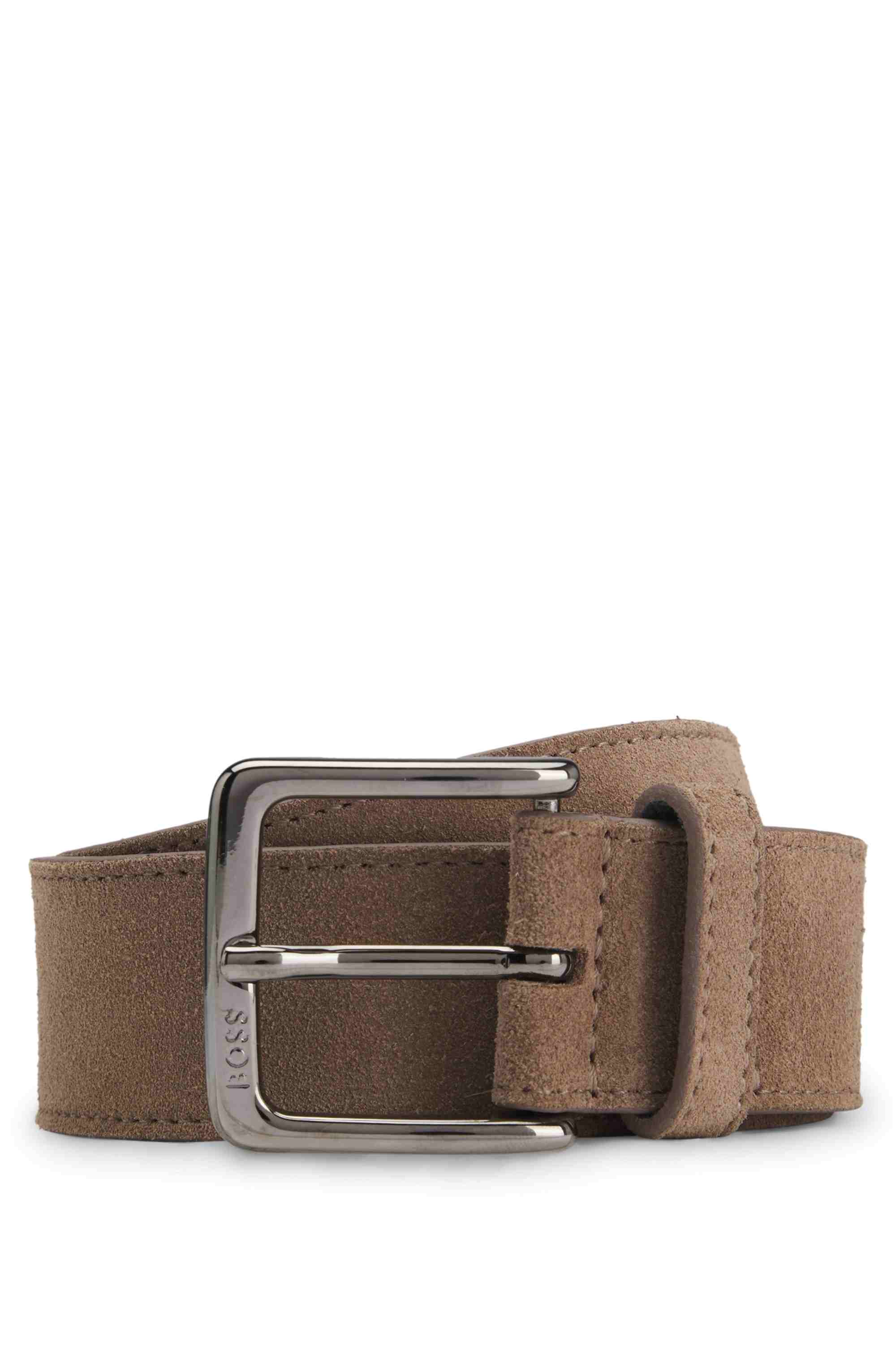 Suede belt with logo-engraved gunmetal buckle