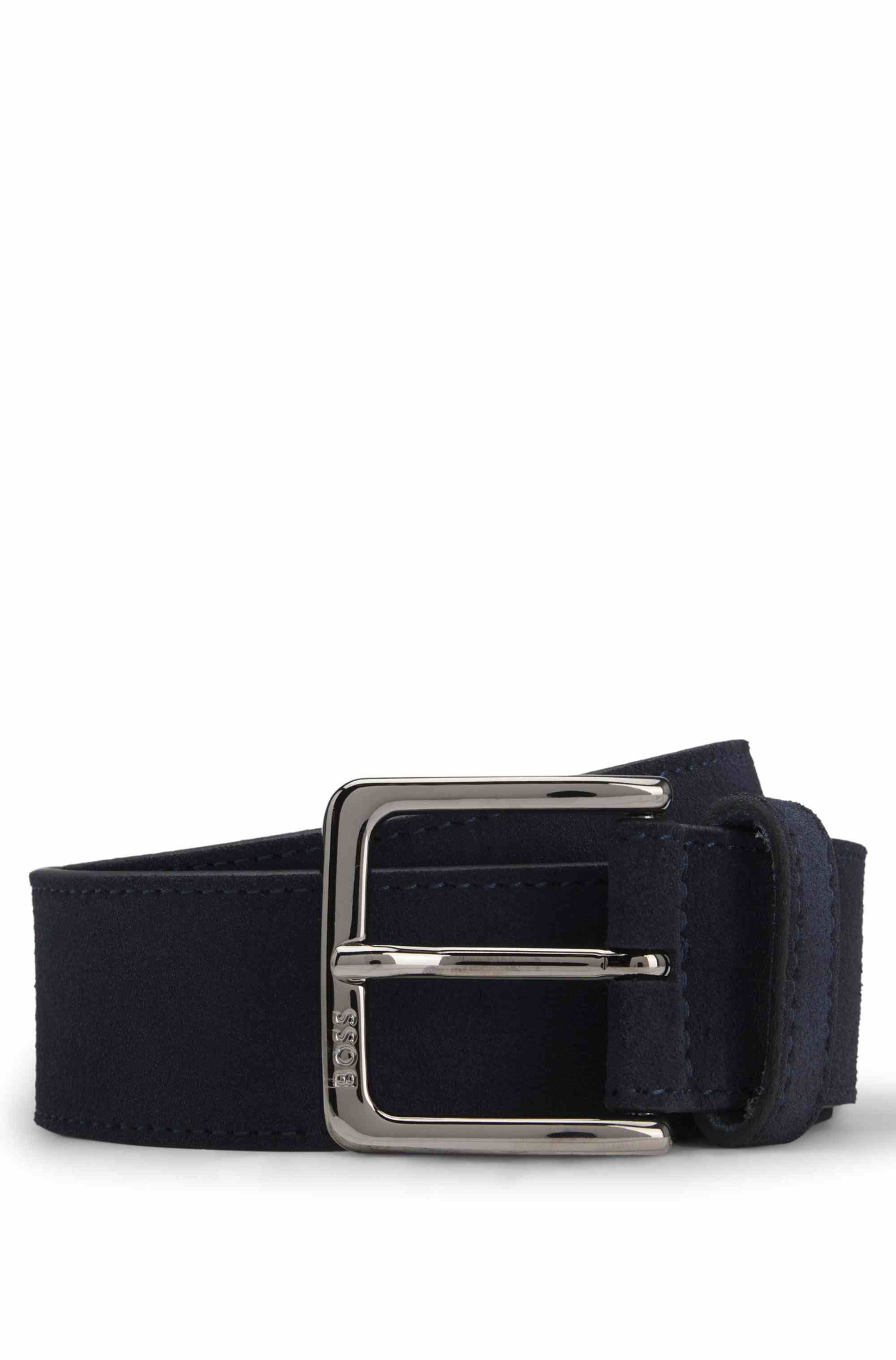 Suede belt with logo-engraved gunmetal buckle