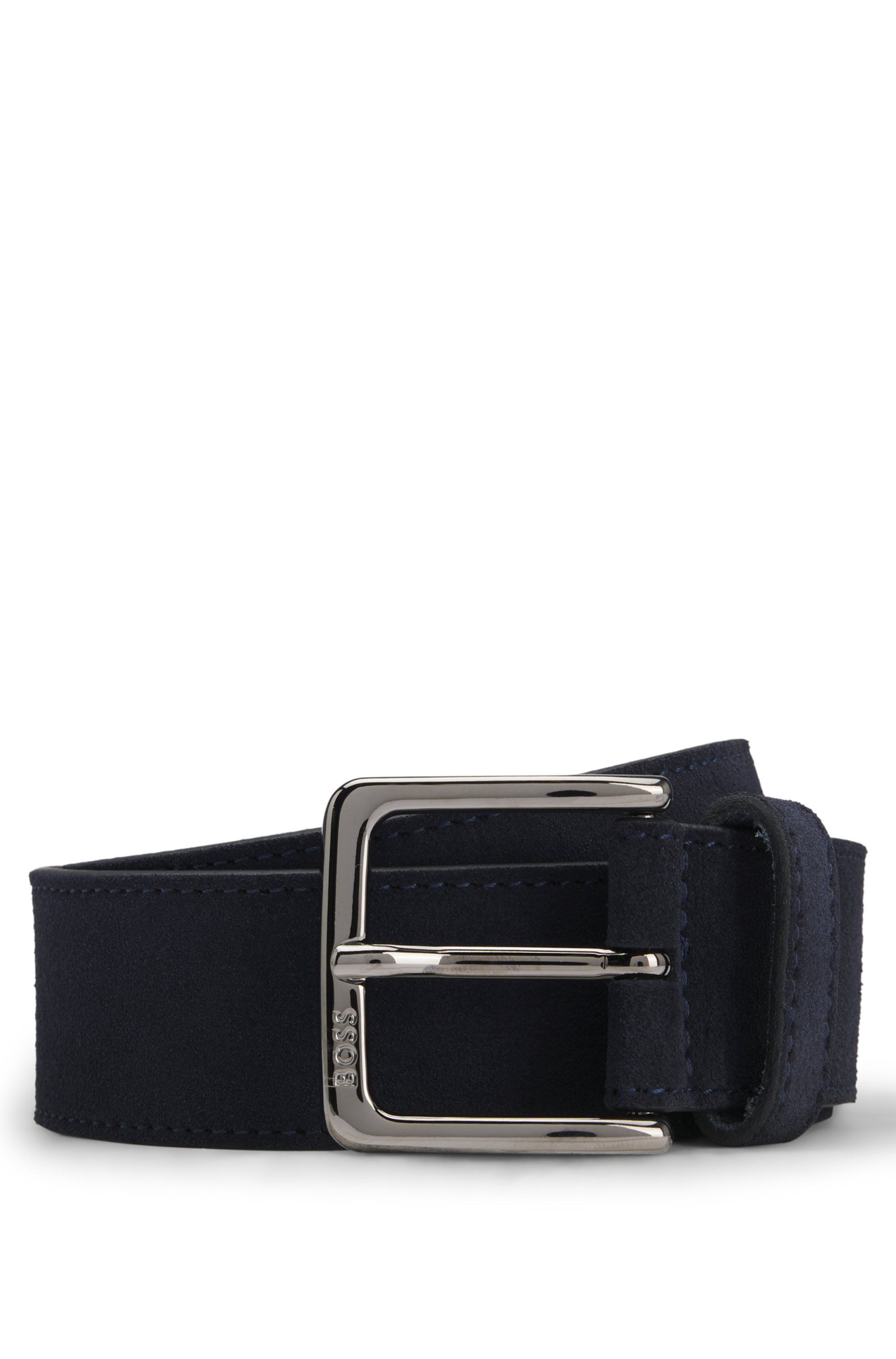 Suede belt with logo-engraved gunmetal buckle