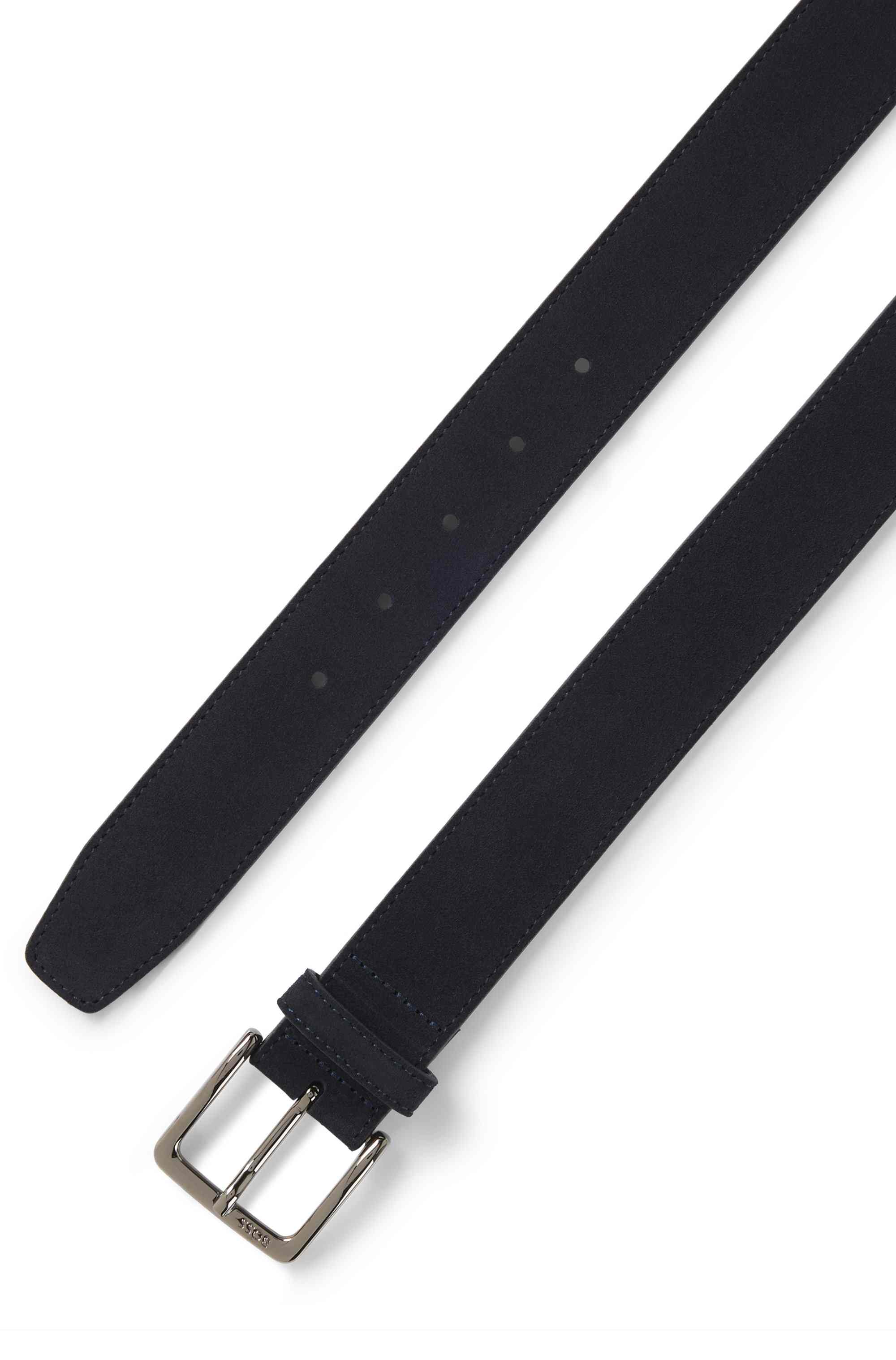 Suede belt with logo-engraved gunmetal buckle