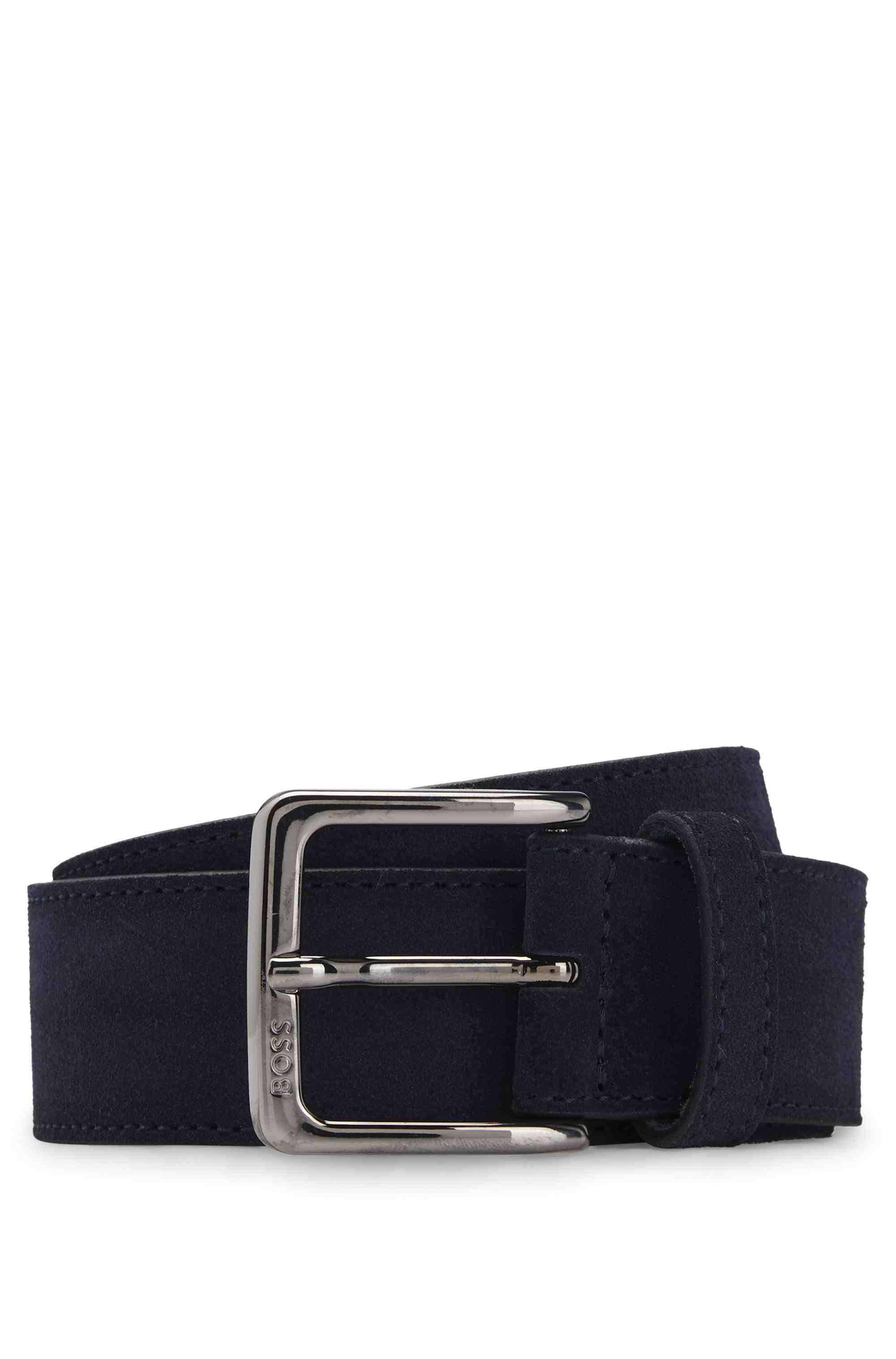 Suede belt with logo-engraved gunmetal buckle
