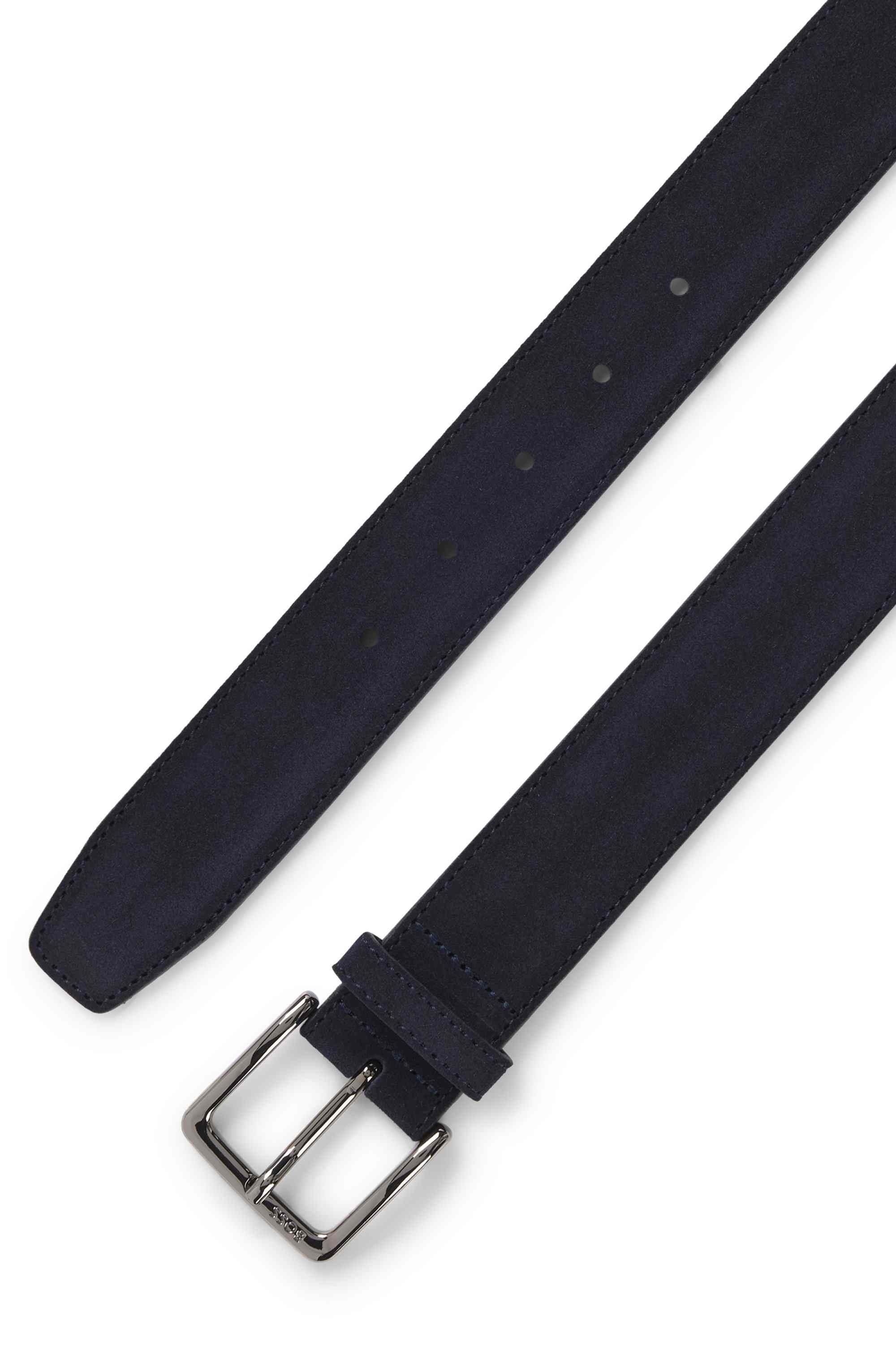Suede belt with logo-engraved gunmetal buckle