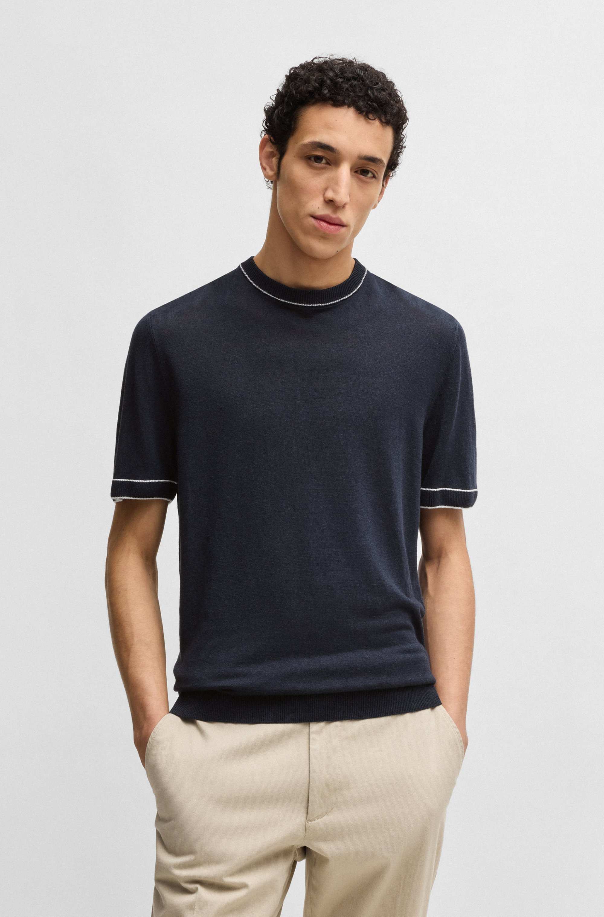 Linen-blend knit sweatshirt with tipping