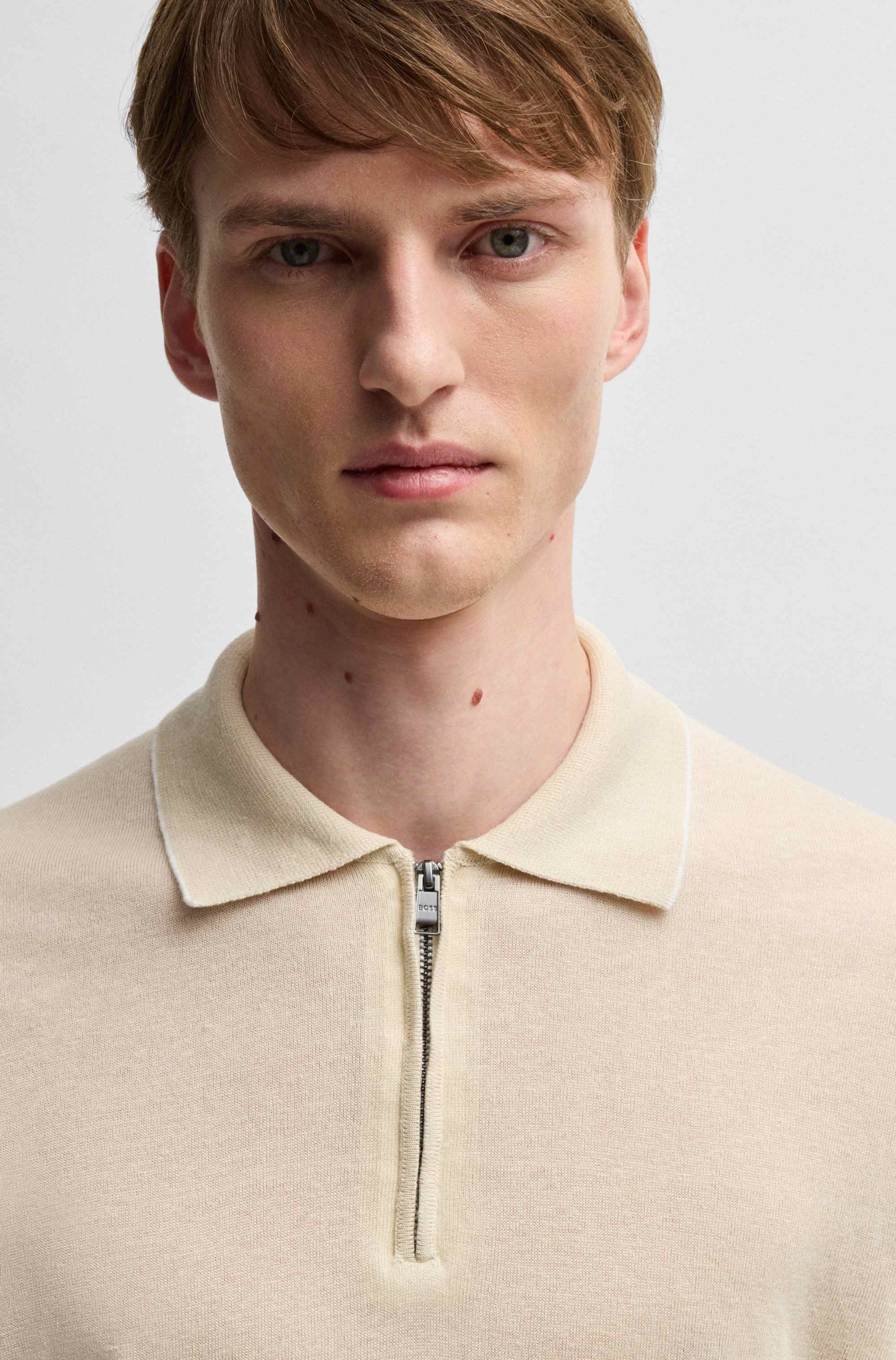 Linen-blend knit sweater with zip placket