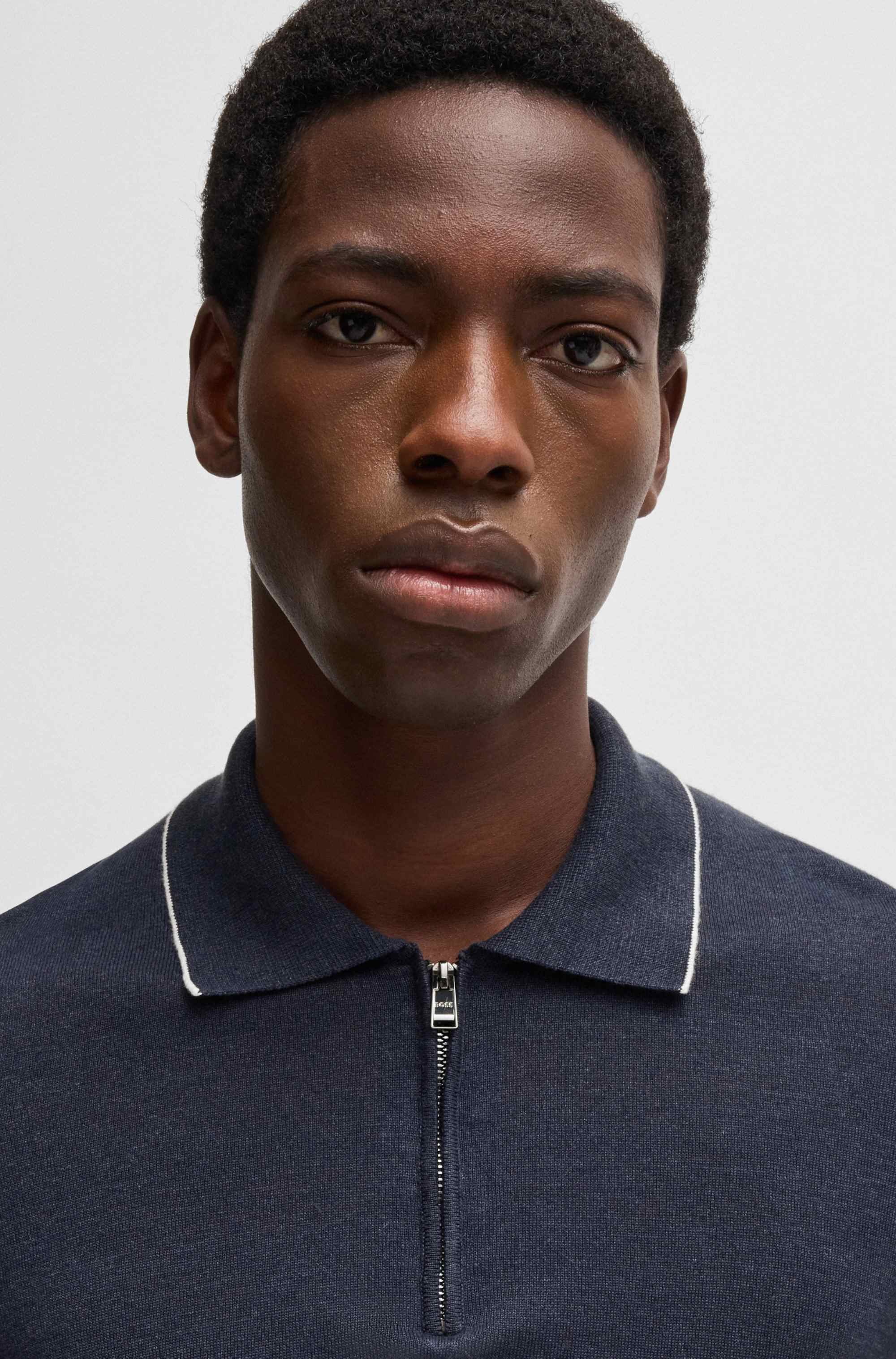 Linen-blend knit sweater with zip placket