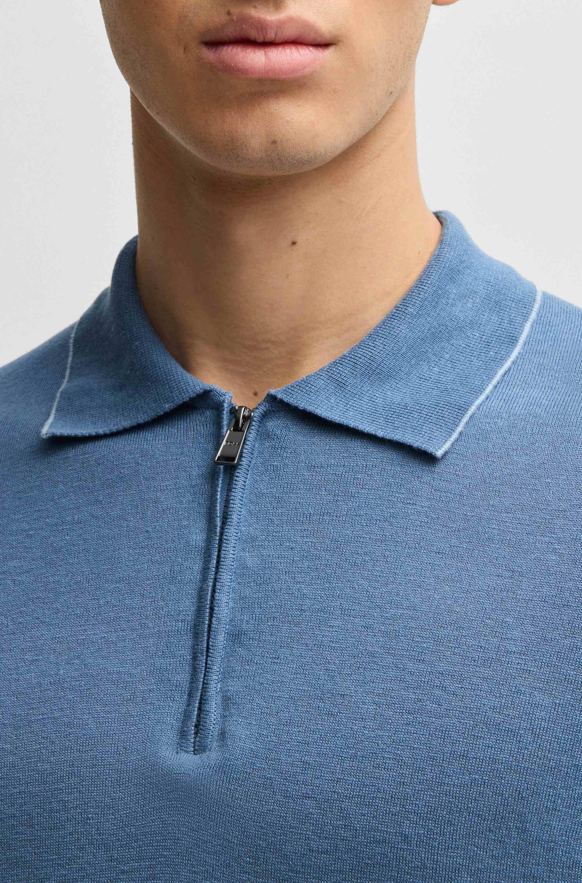 Linen-blend knit sweater with zip placket