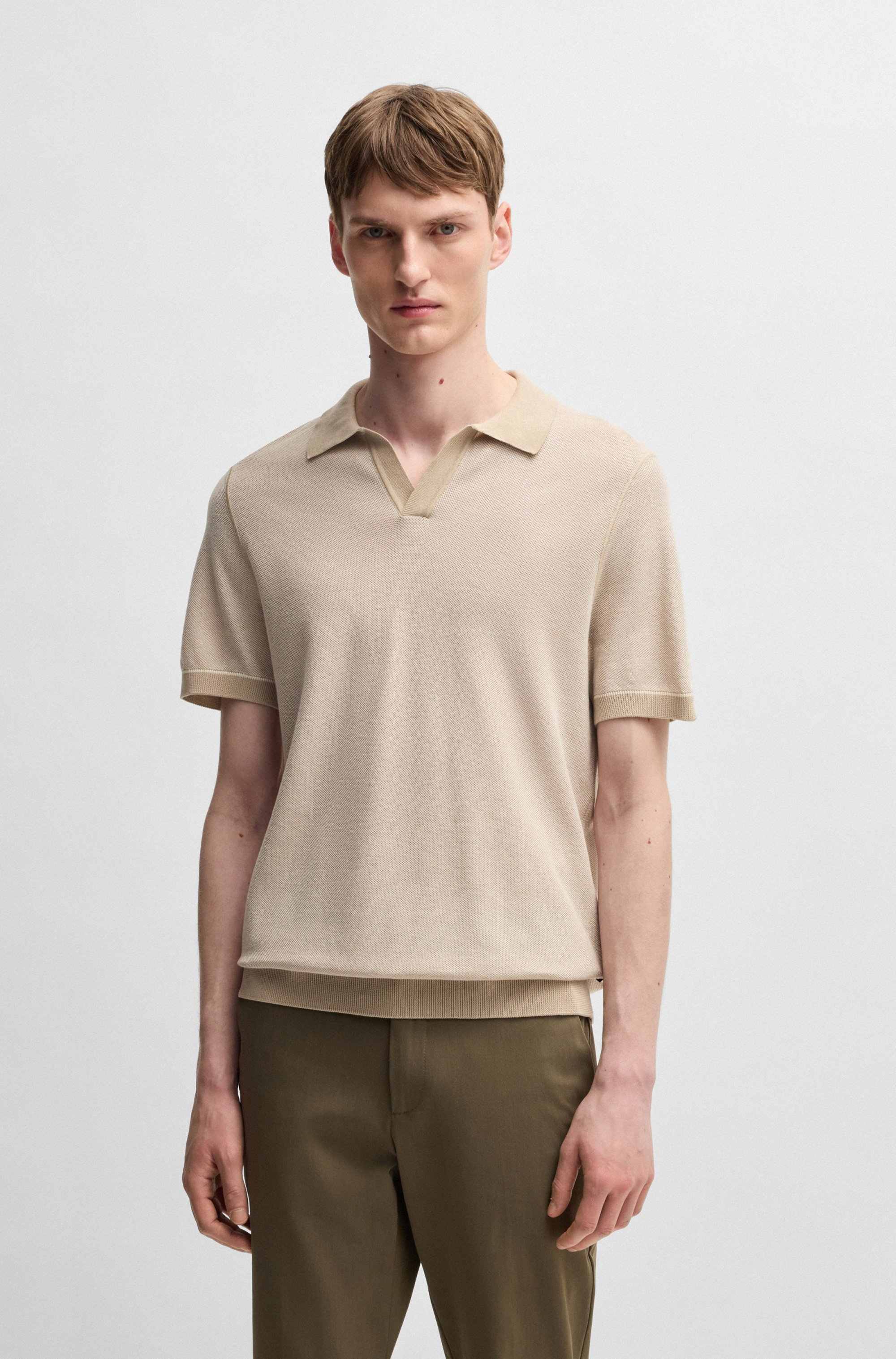 Cotton-blend knit sweater with Johnny collar