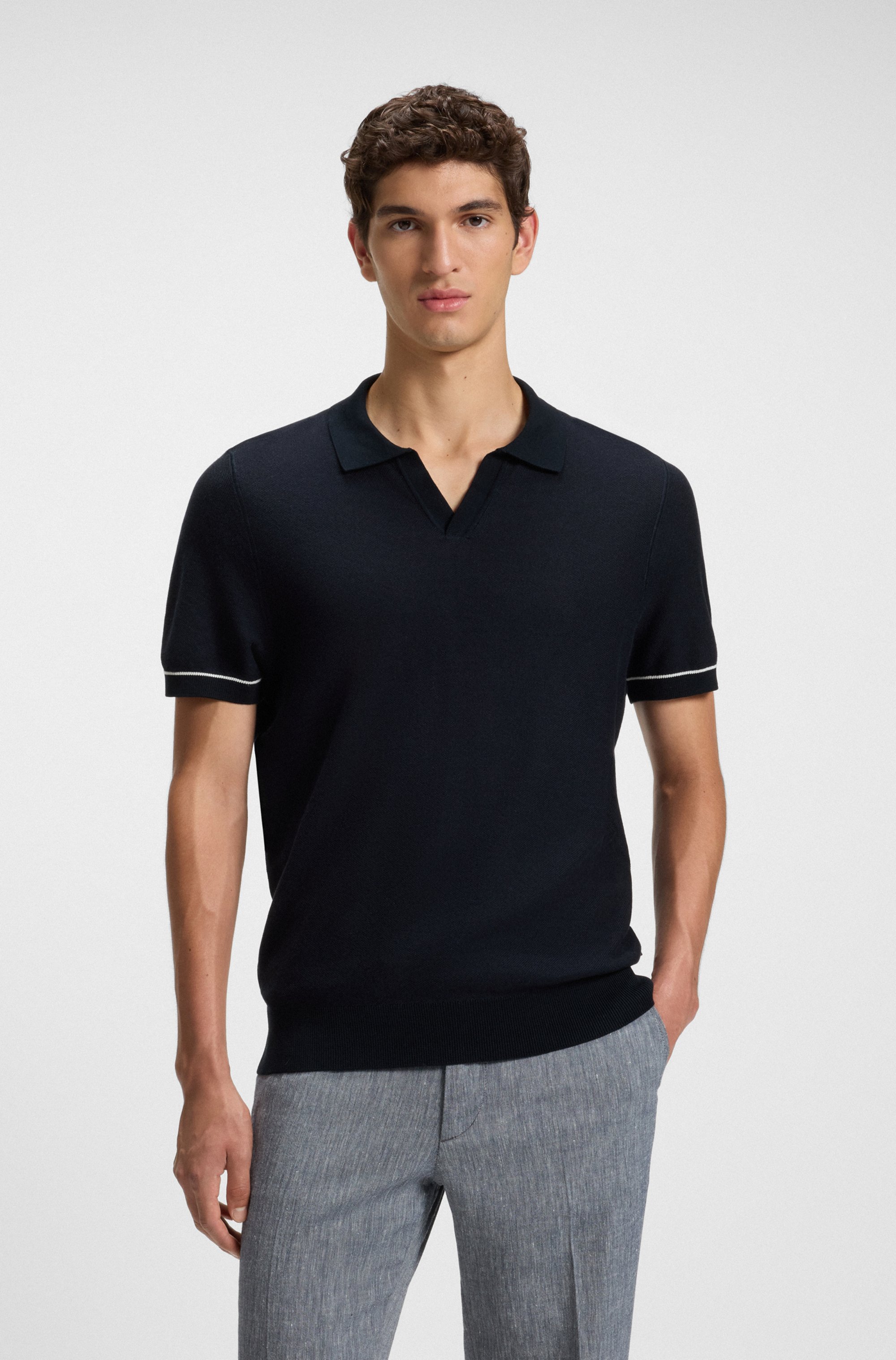 Cotton-blend knit sweater with Johnny collar