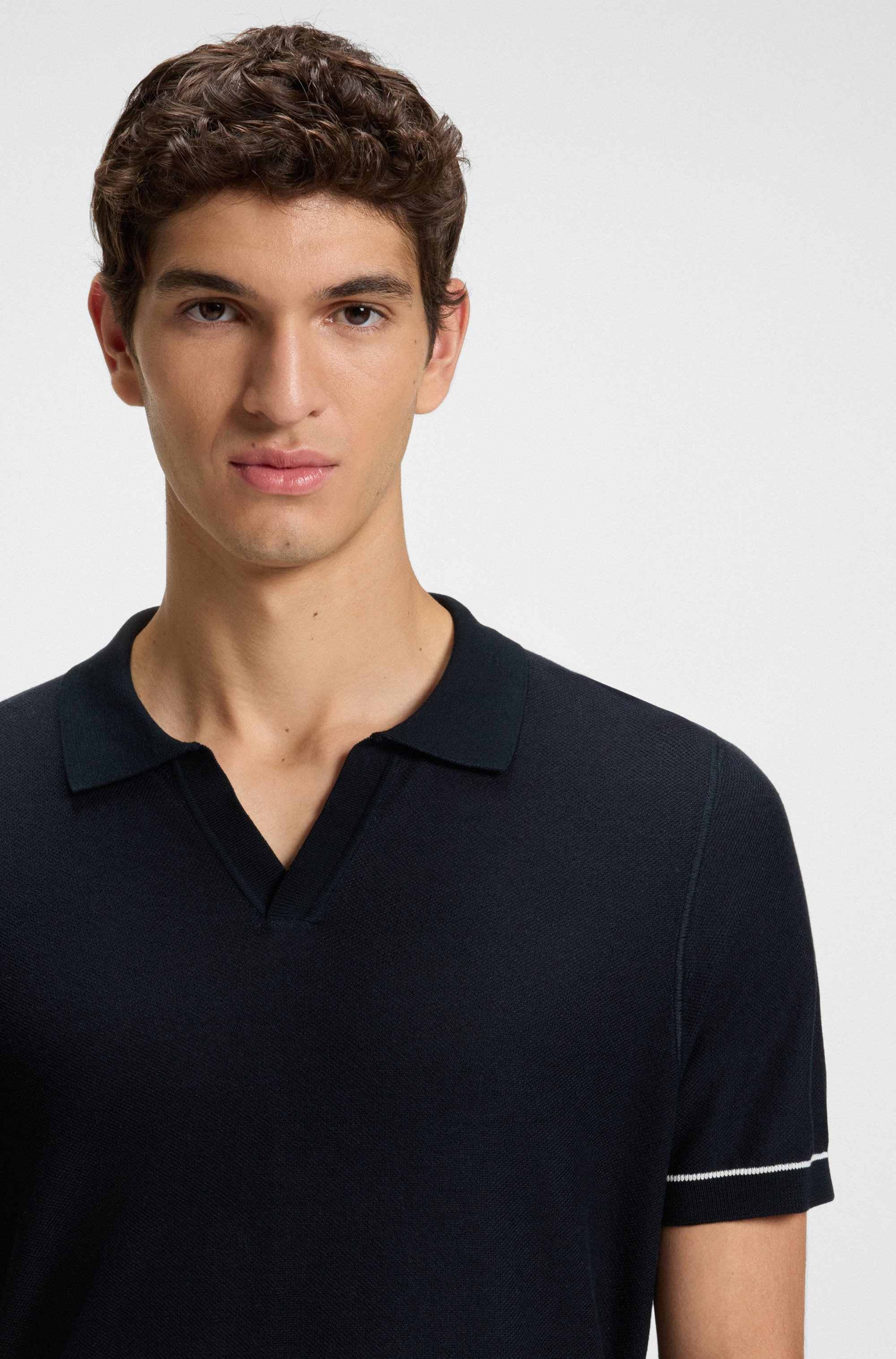 Cotton-blend knit sweater with Johnny collar
