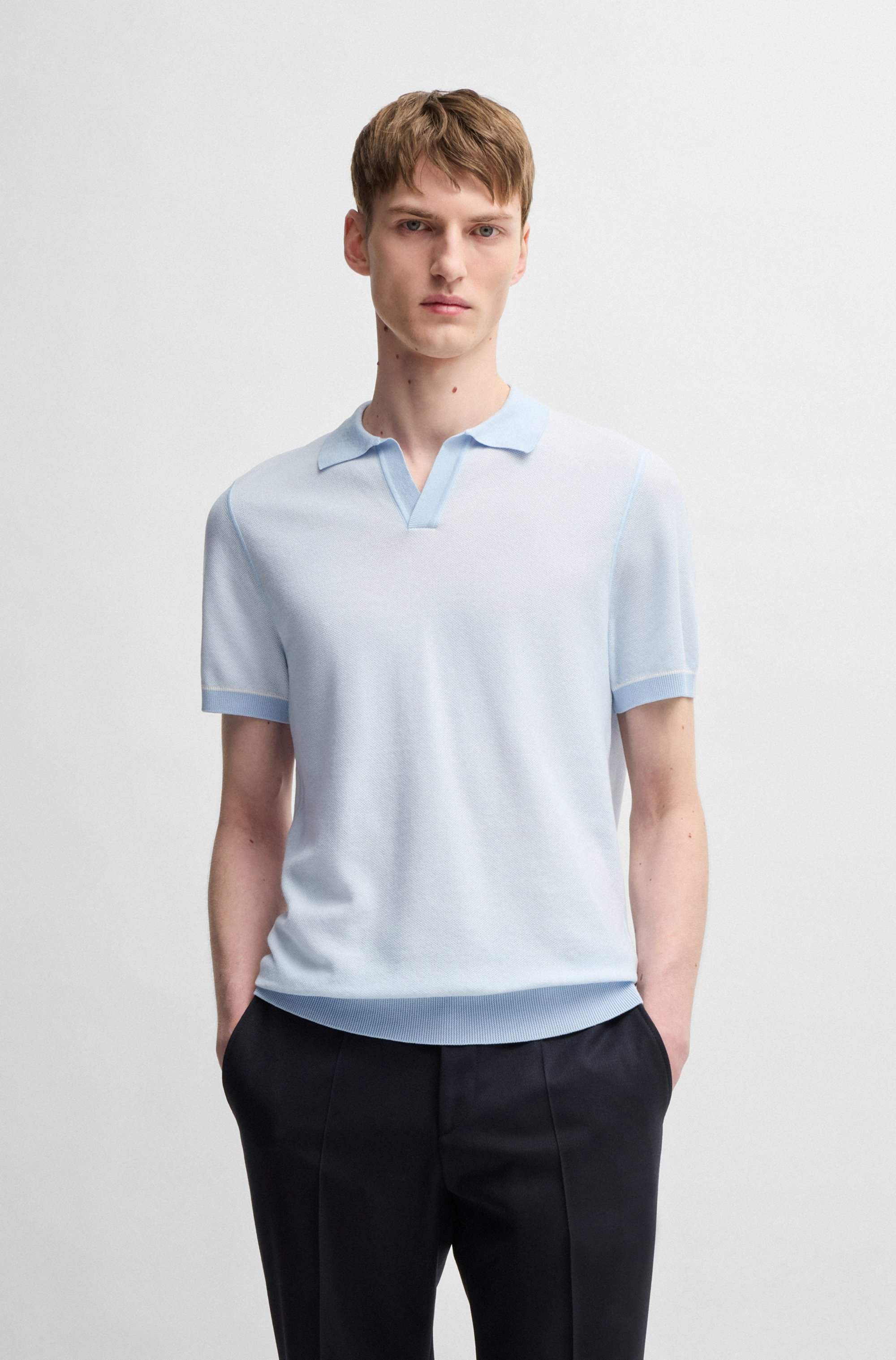 Cotton-blend knit sweater with Johnny collar