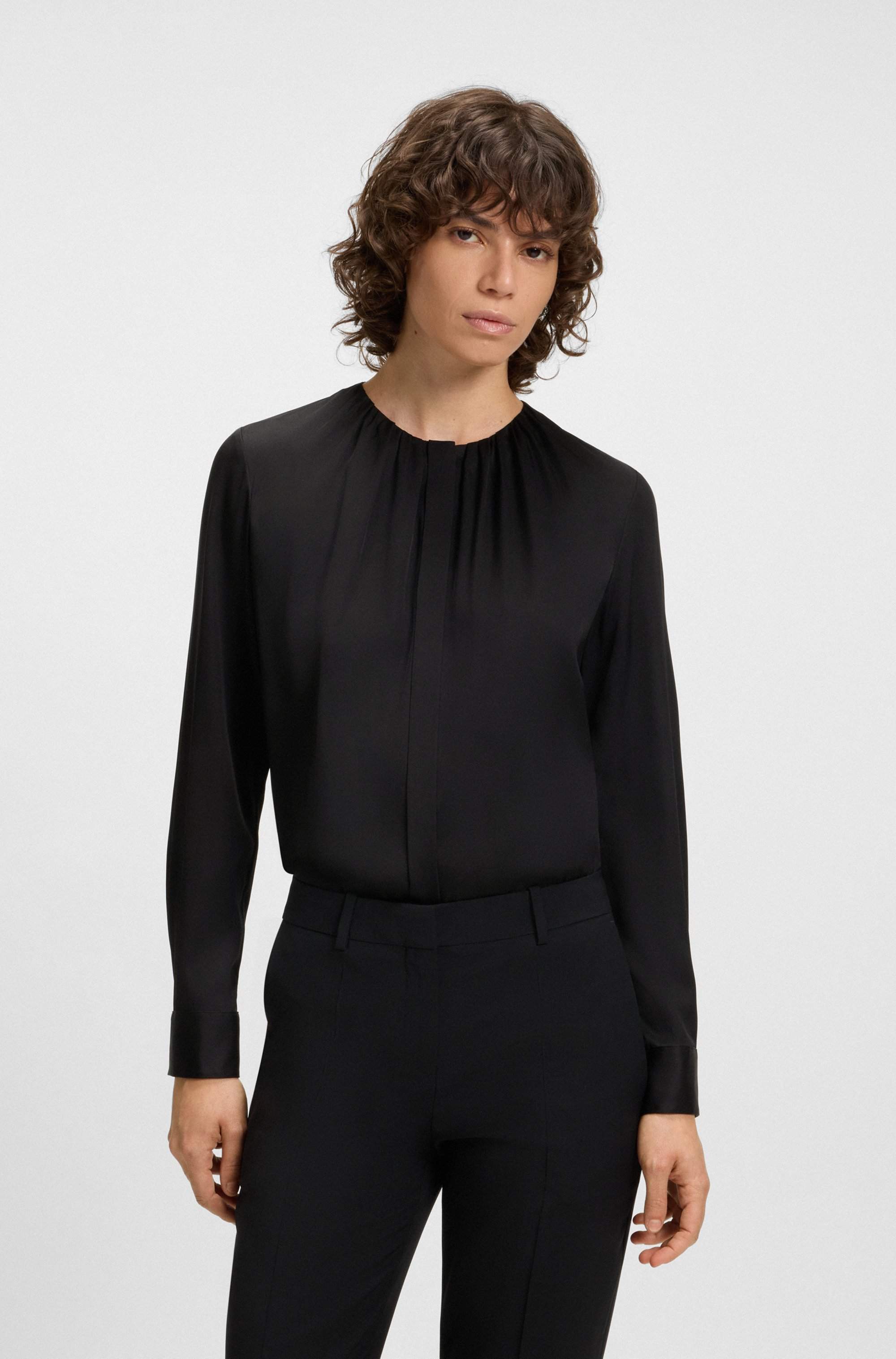 Collarless regular-fit blouse in stretch silk