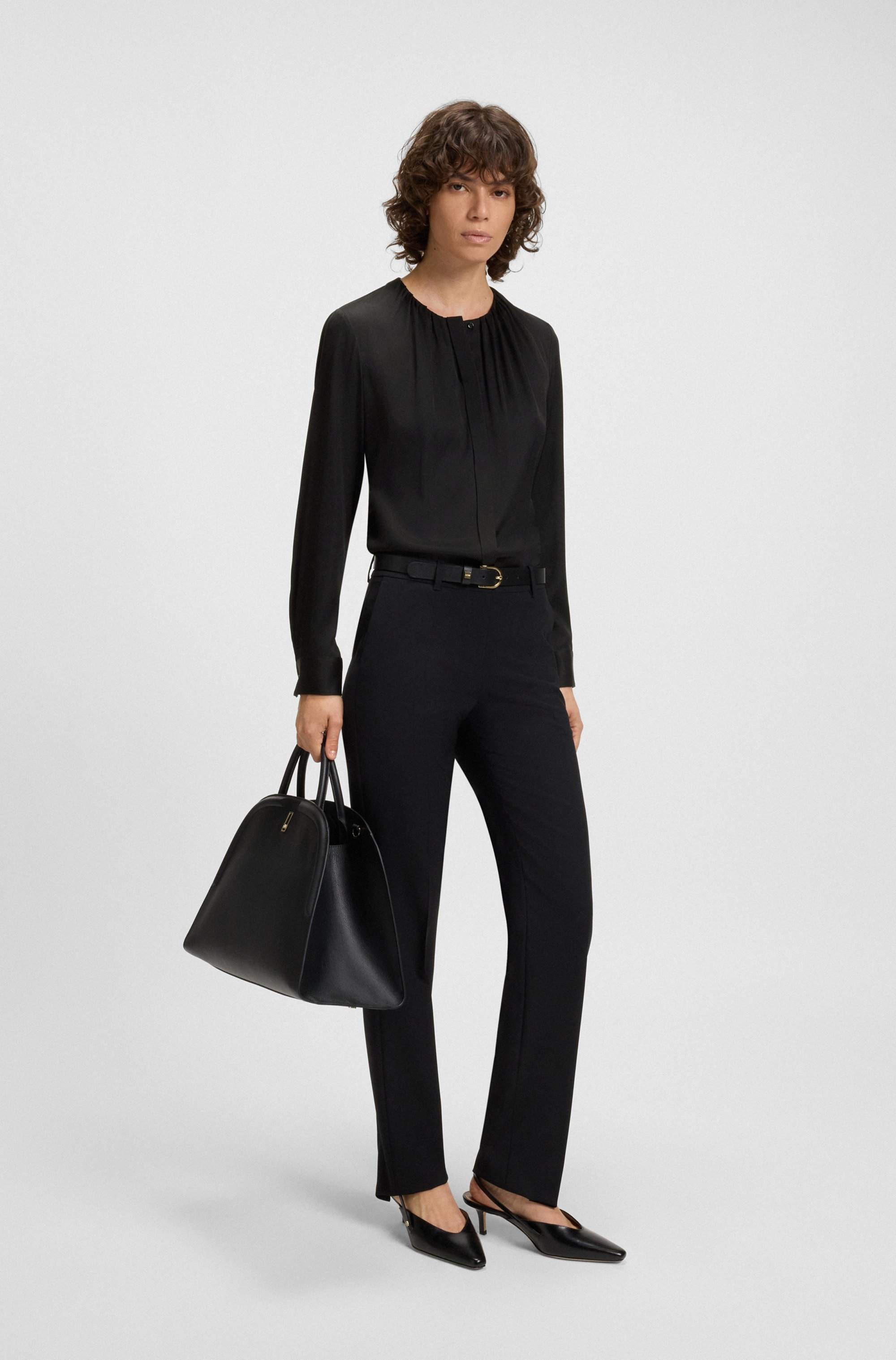 Collarless regular-fit blouse in stretch silk