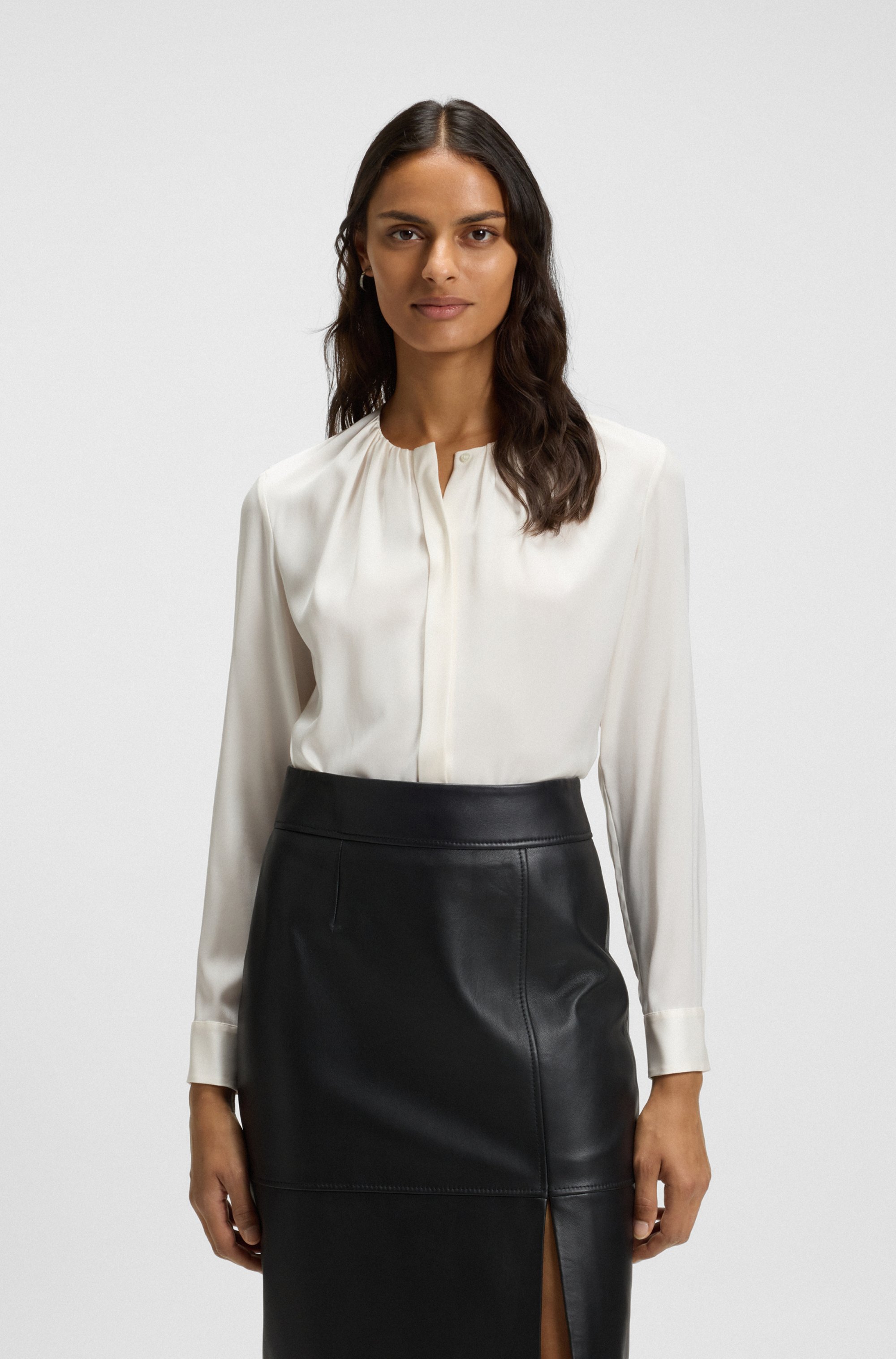 Collarless regular-fit blouse in stretch silk