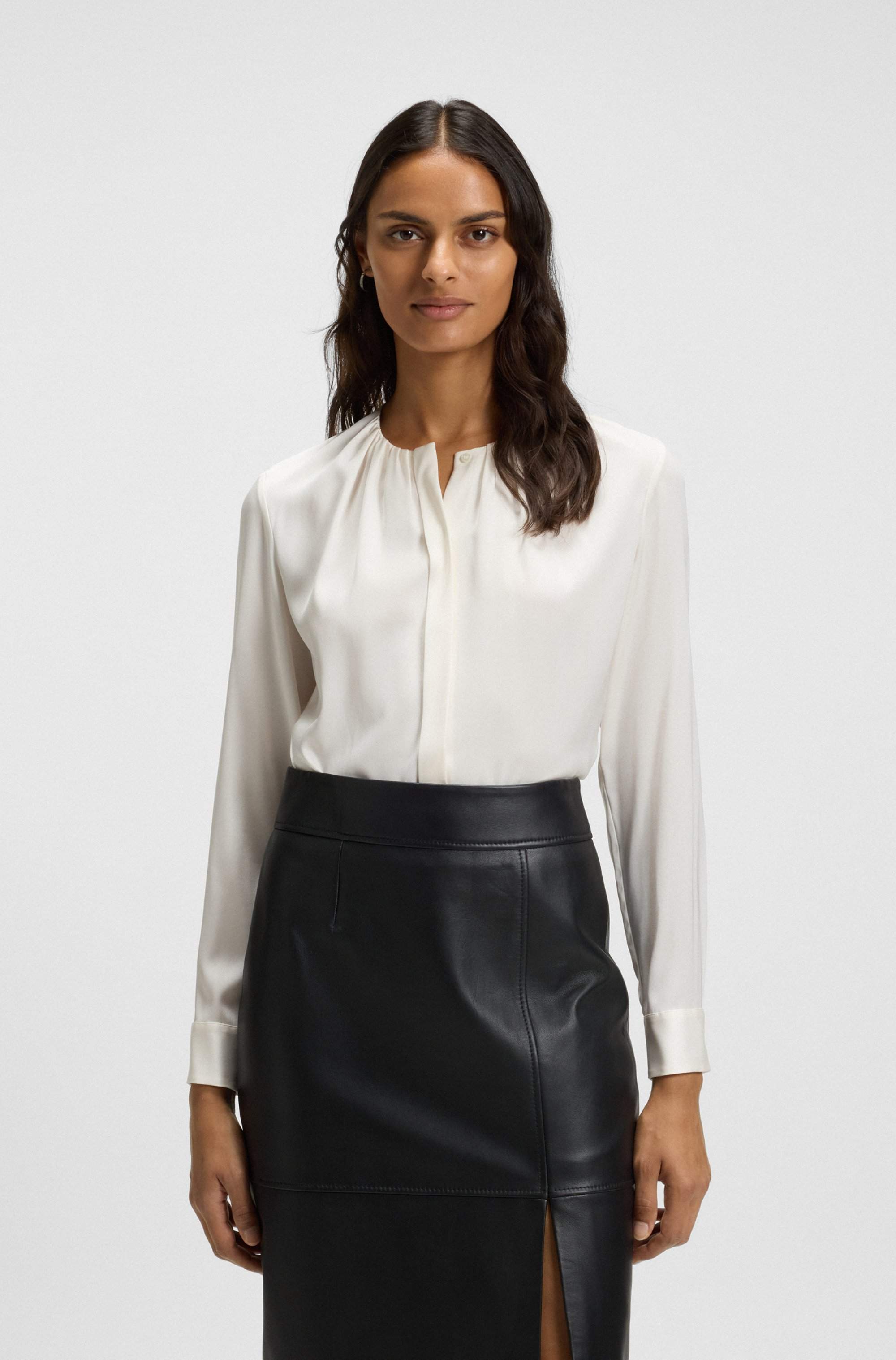 Collarless regular-fit blouse in stretch silk