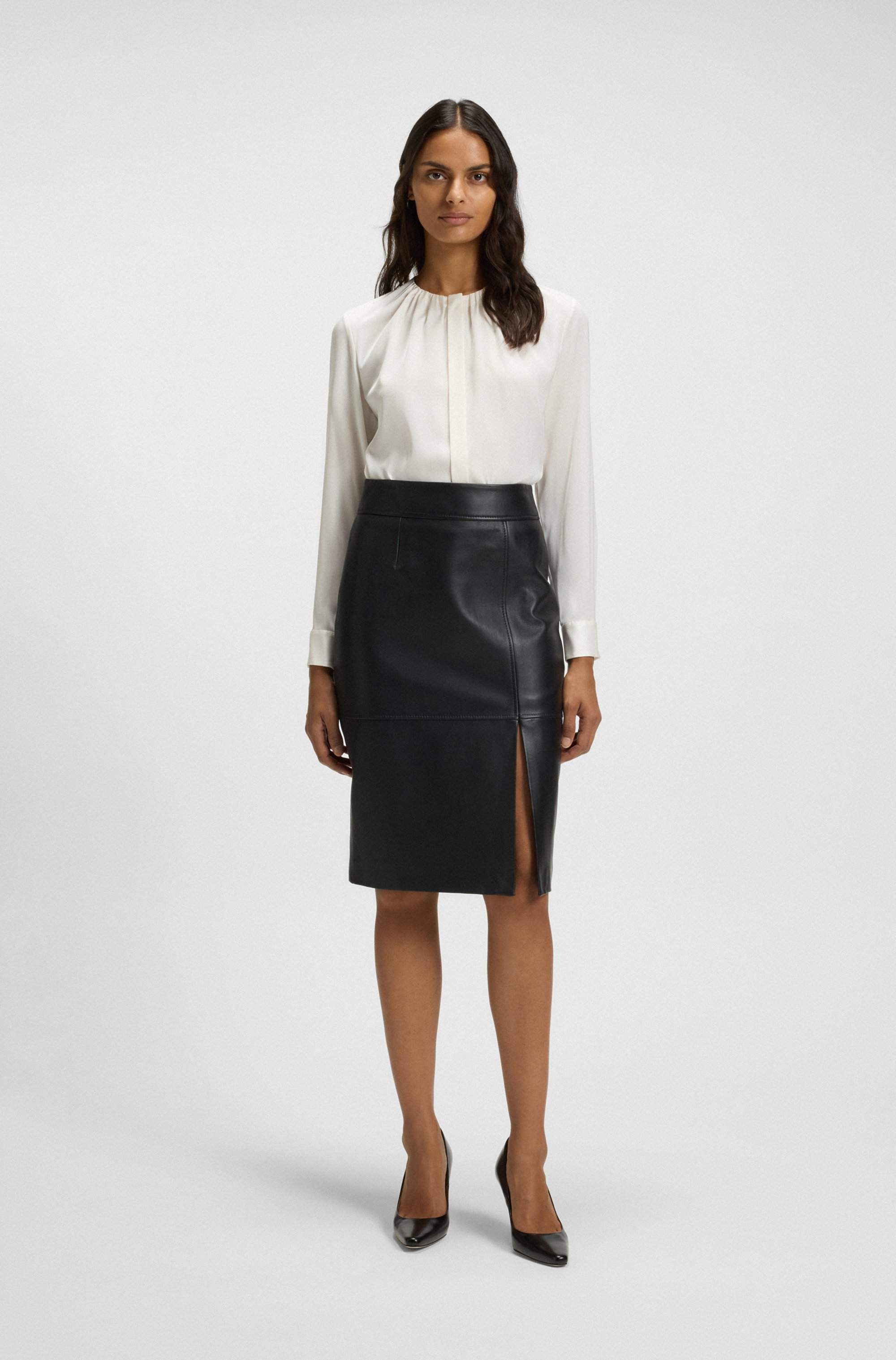 Collarless regular-fit blouse in stretch silk