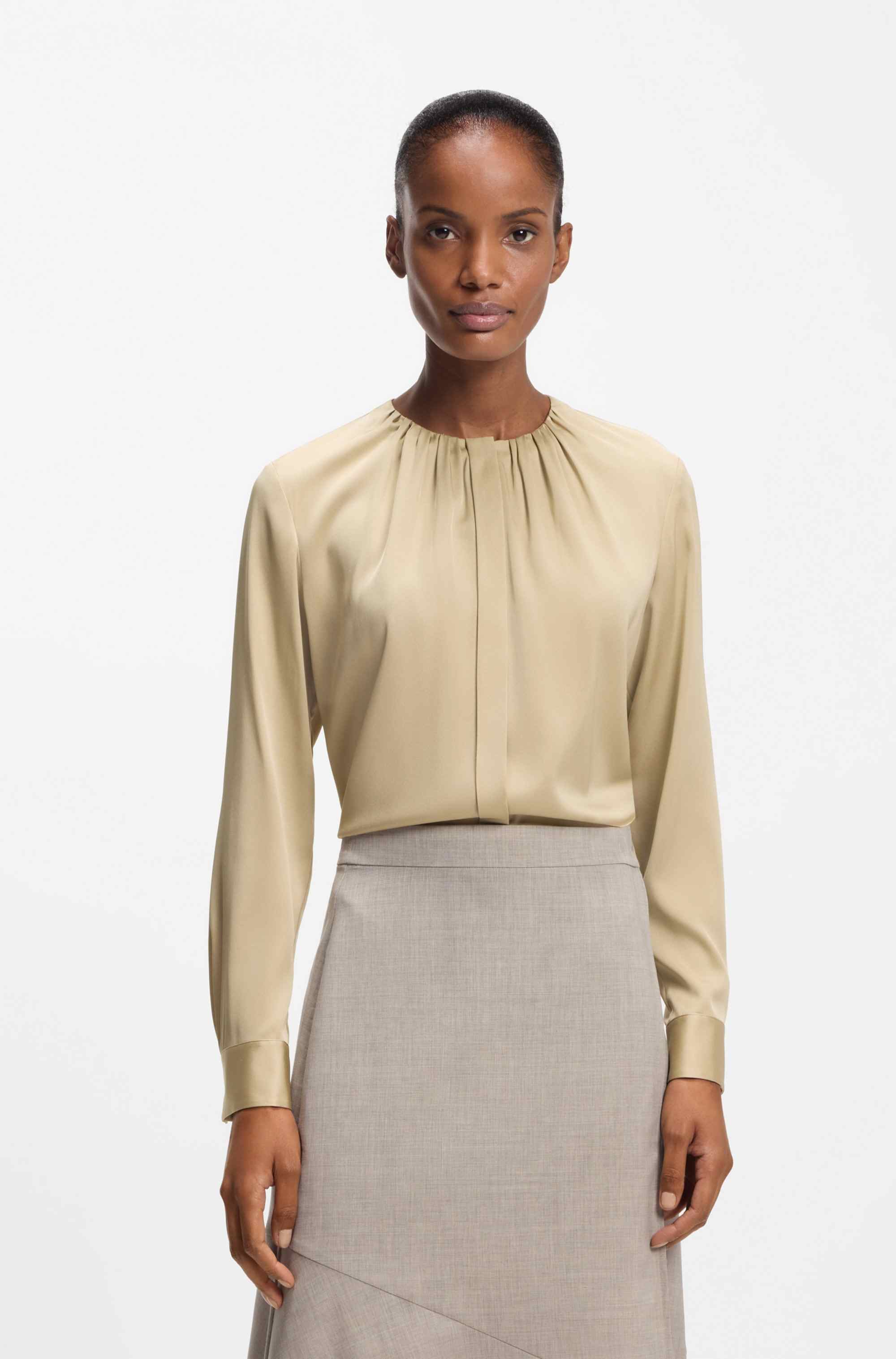 Collarless regular-fit blouse in stretch silk