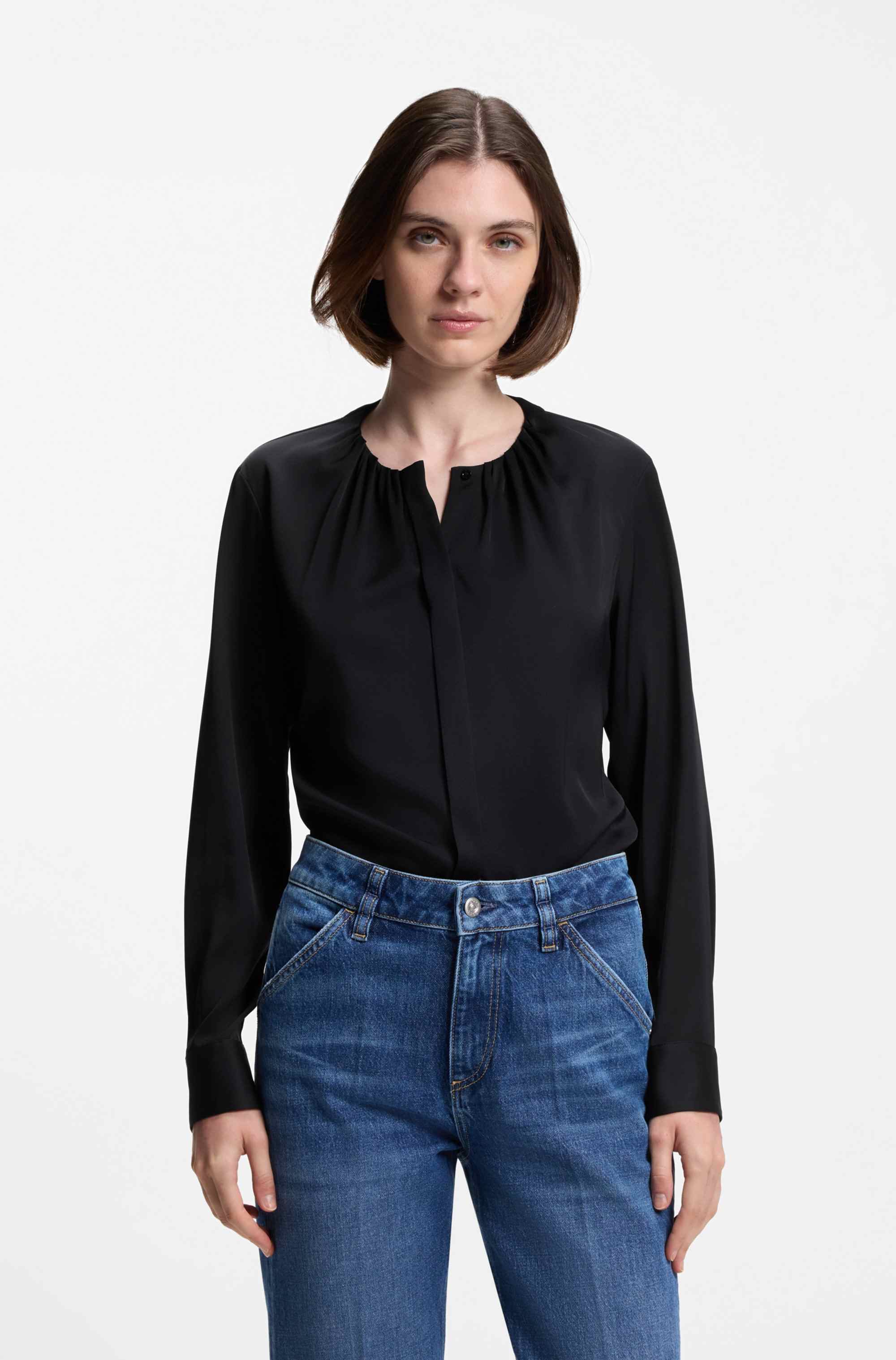 Collarless regular-fit blouse in stretch silk