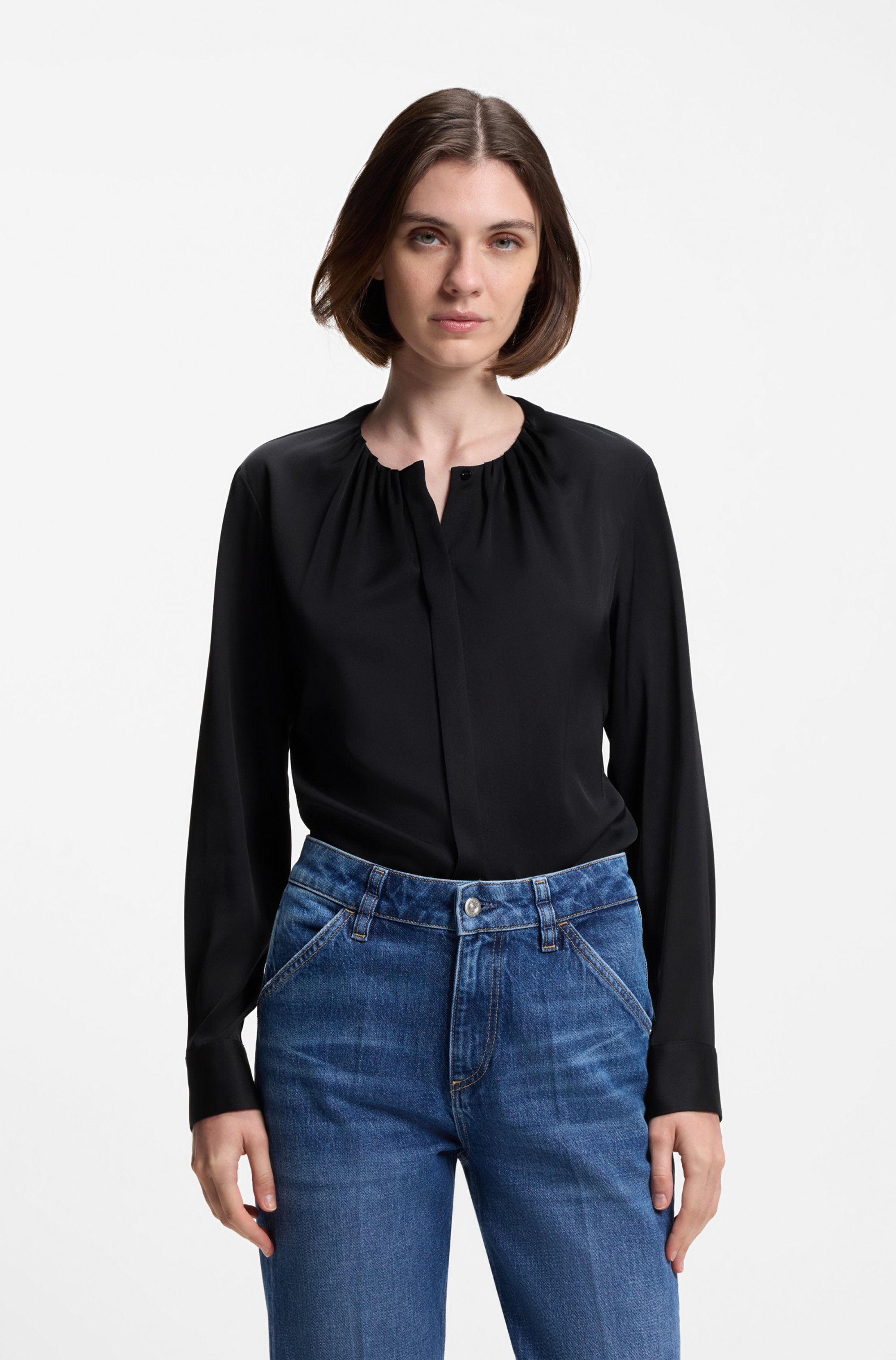 Collarless regular-fit blouse in stretch silk