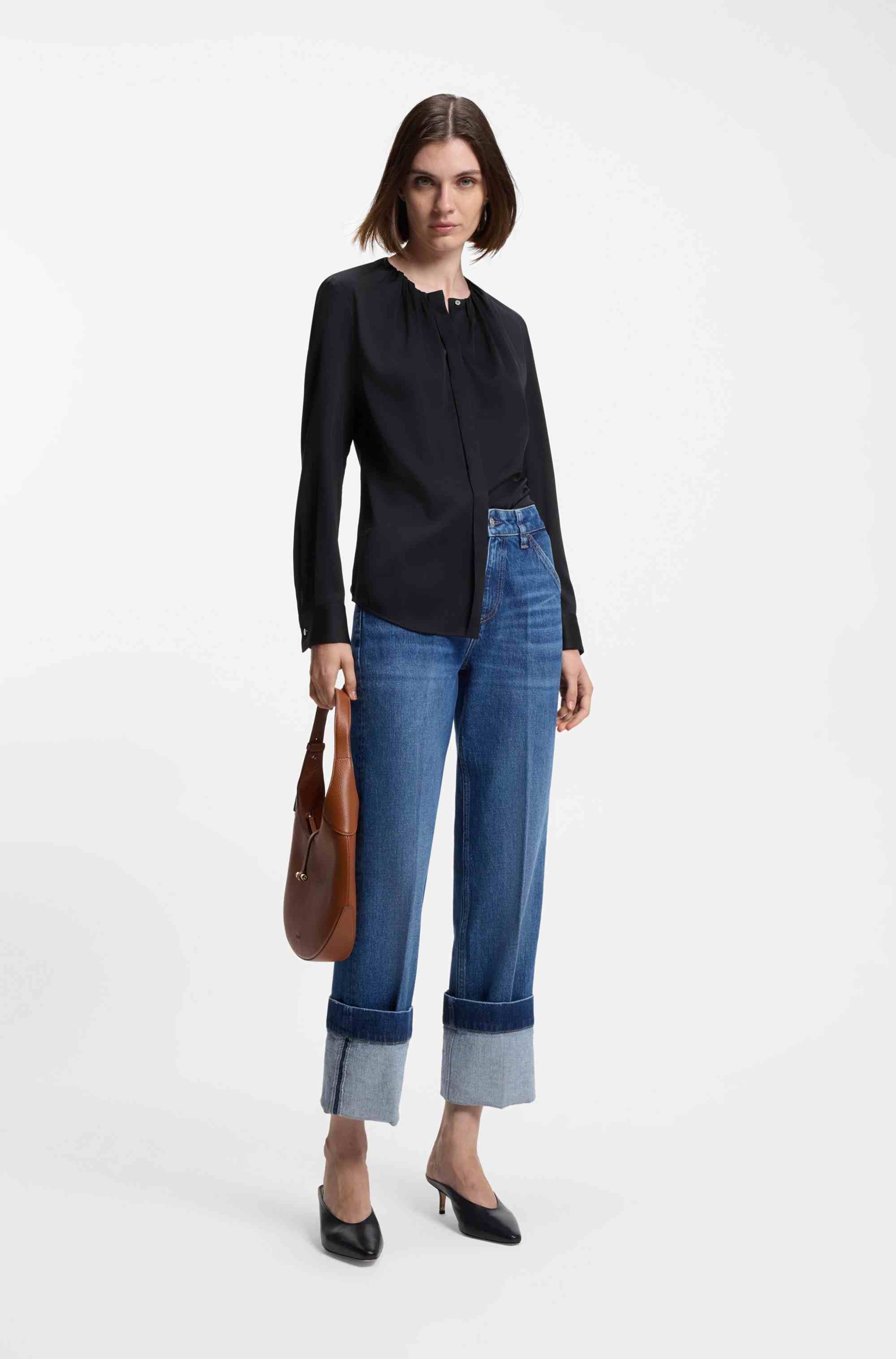 Collarless regular-fit blouse in stretch silk