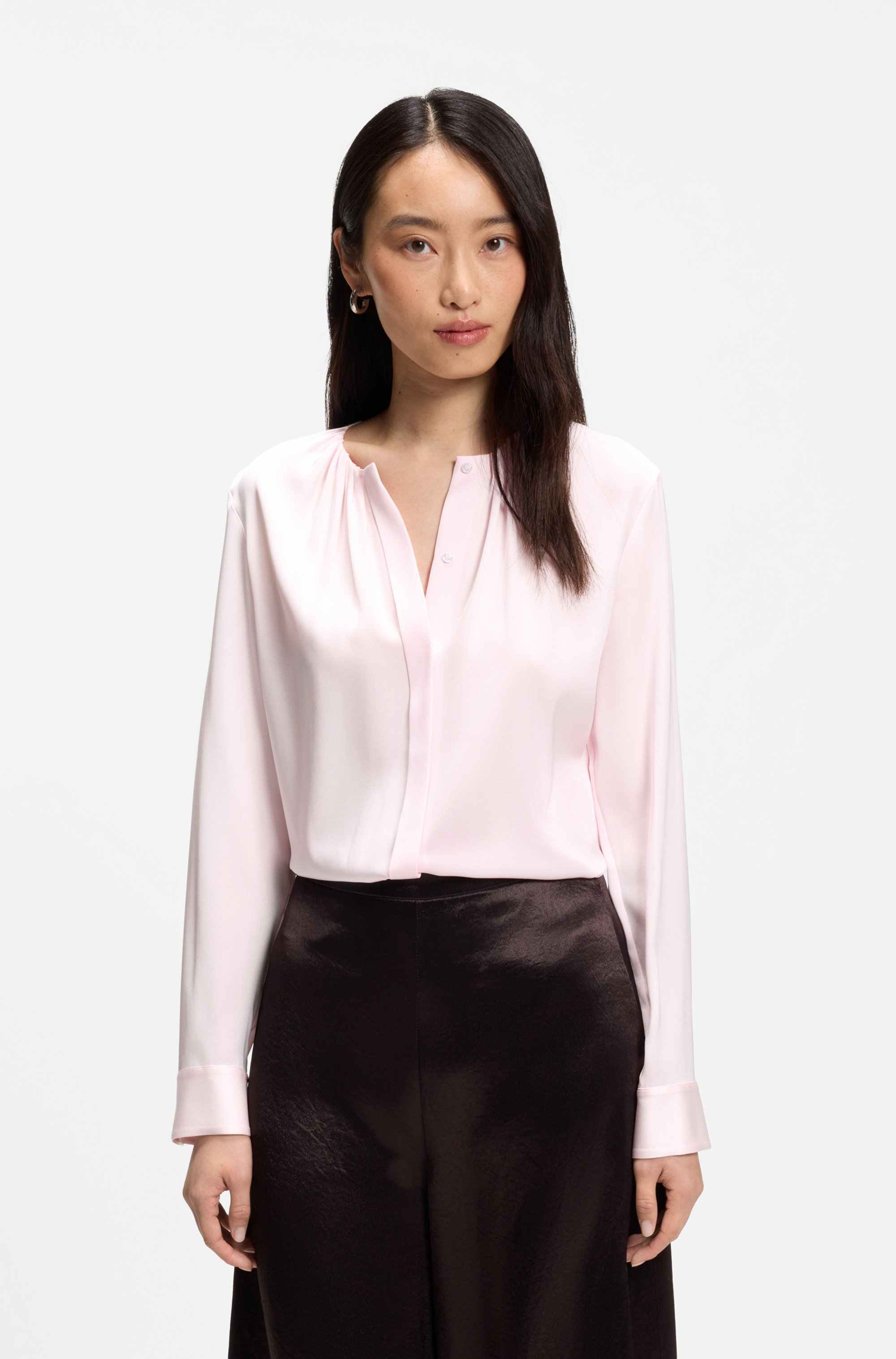 Collarless regular-fit blouse in stretch silk