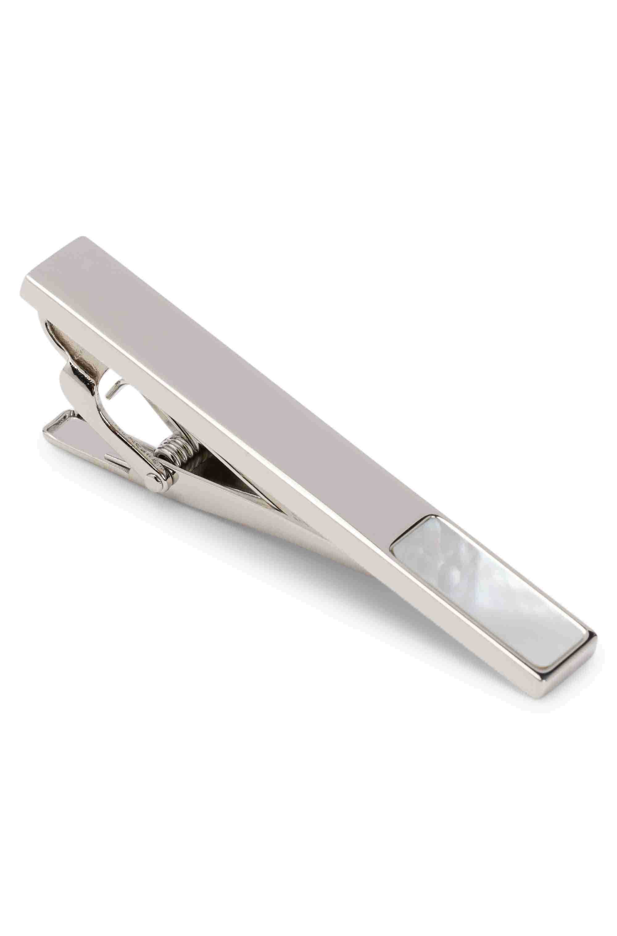 Brass tie clip with mother-of-pearl insert