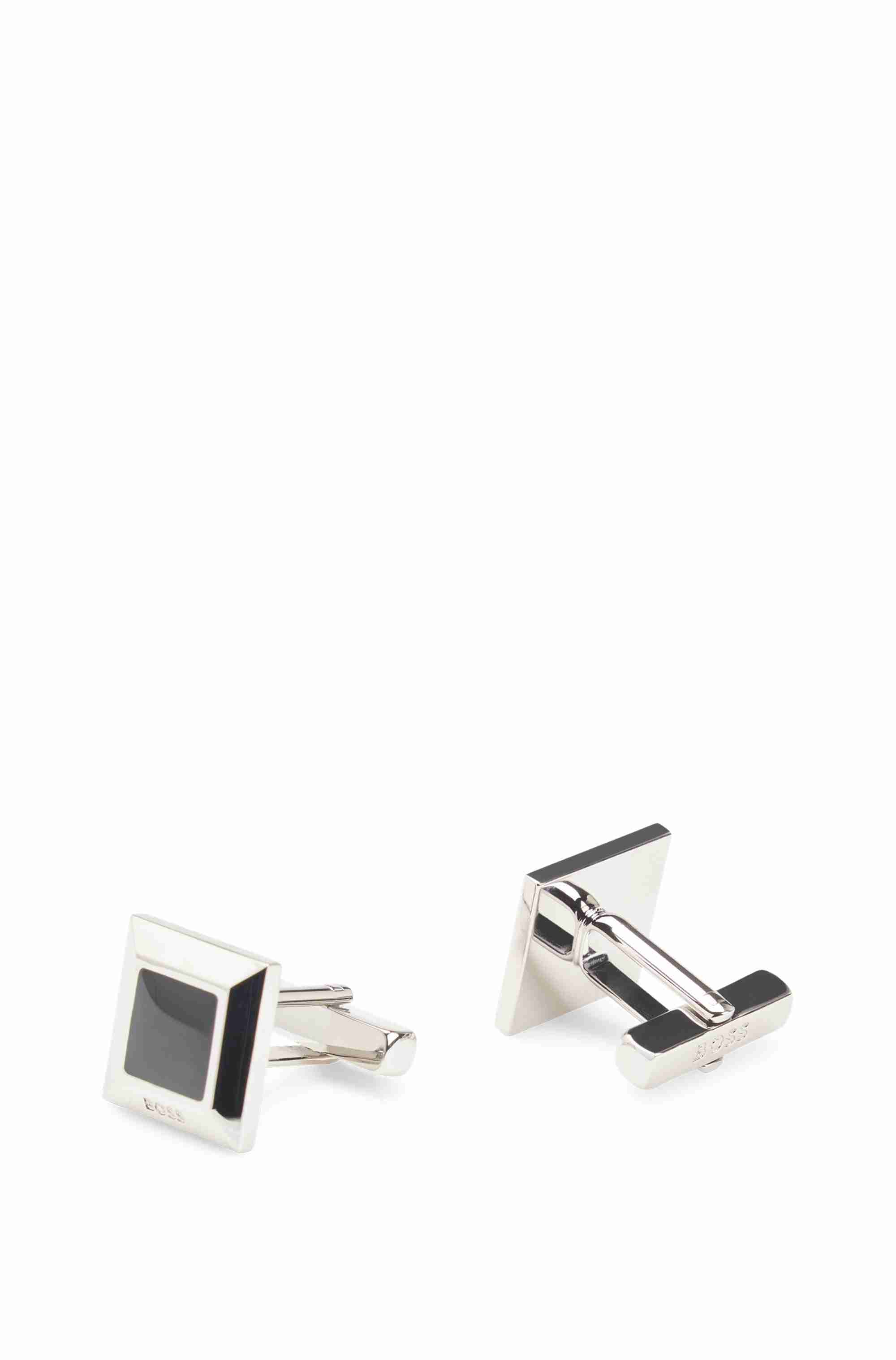 Square brass cufflinks with black enamel insert
