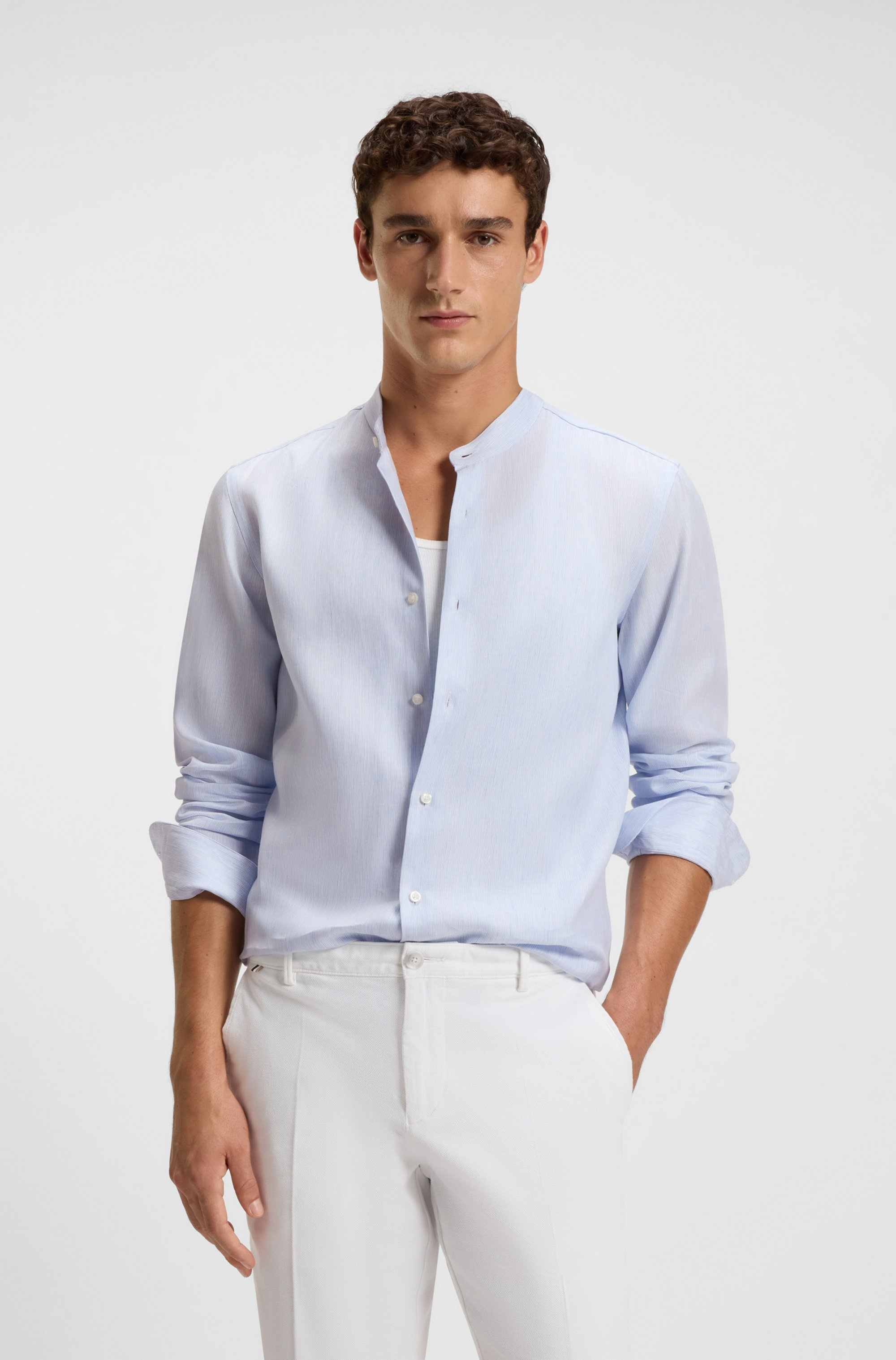 Slim-fit shirt in striped linen-blend twill