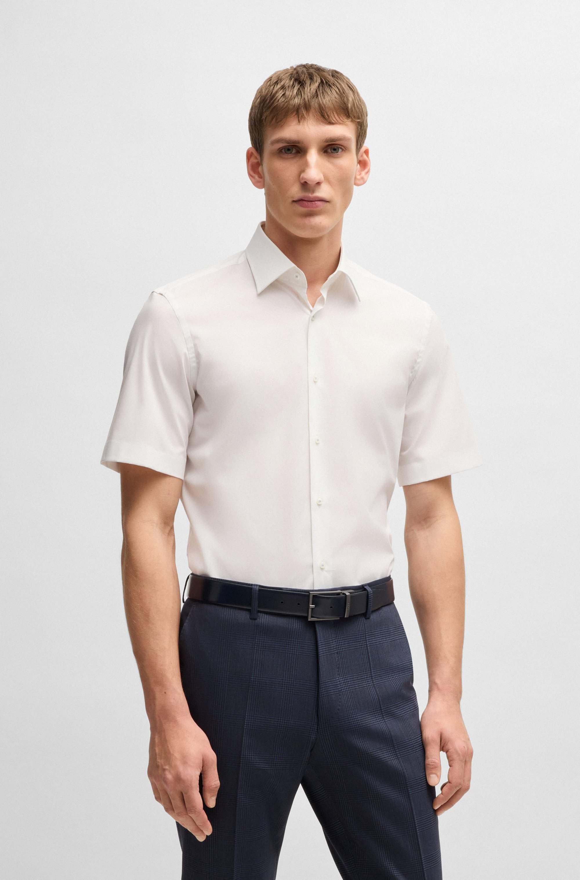 Regular-fit shirt in easy-iron stretch-cotton poplin