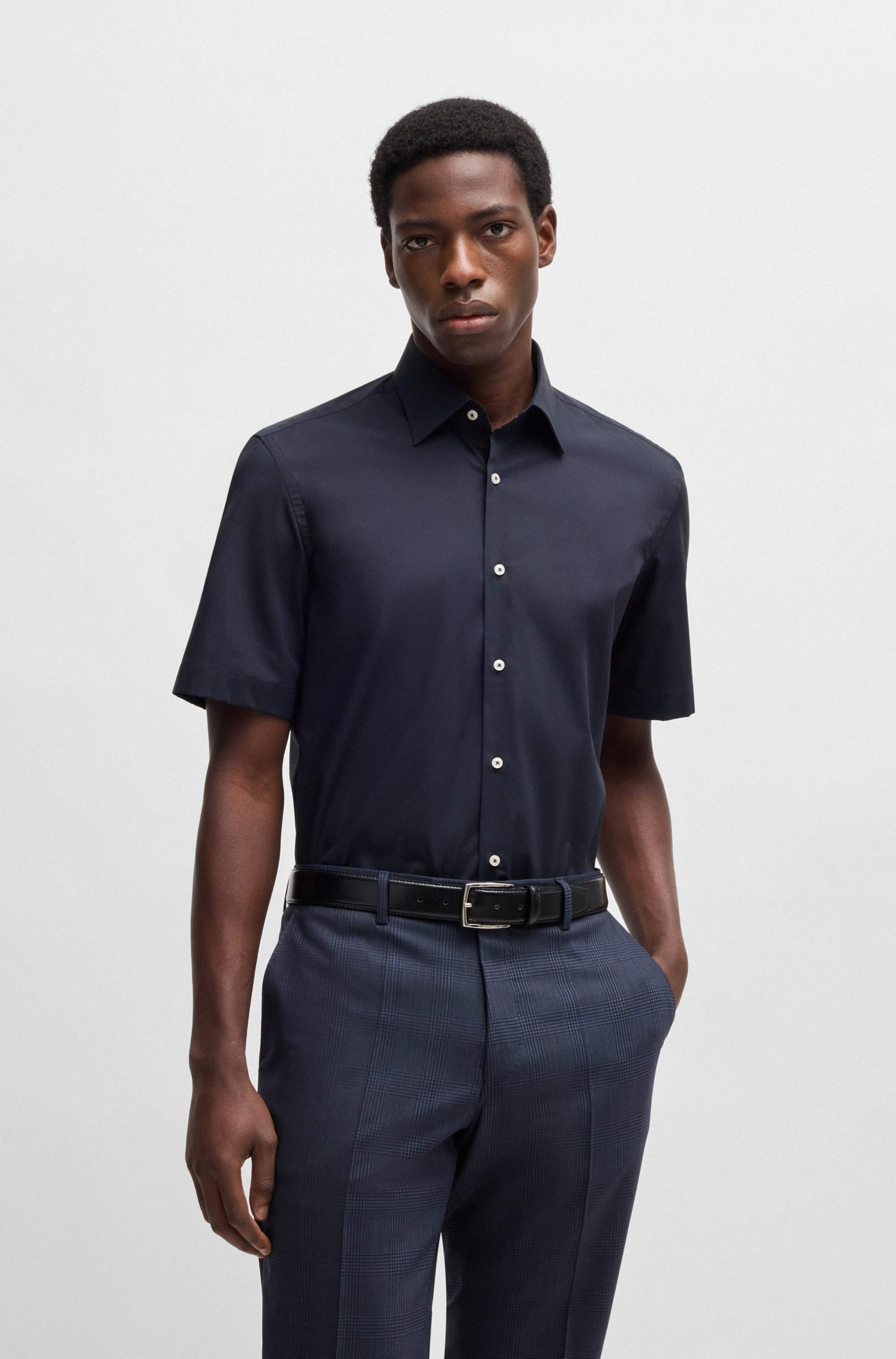 Regular-fit shirt in easy-iron stretch-cotton poplin