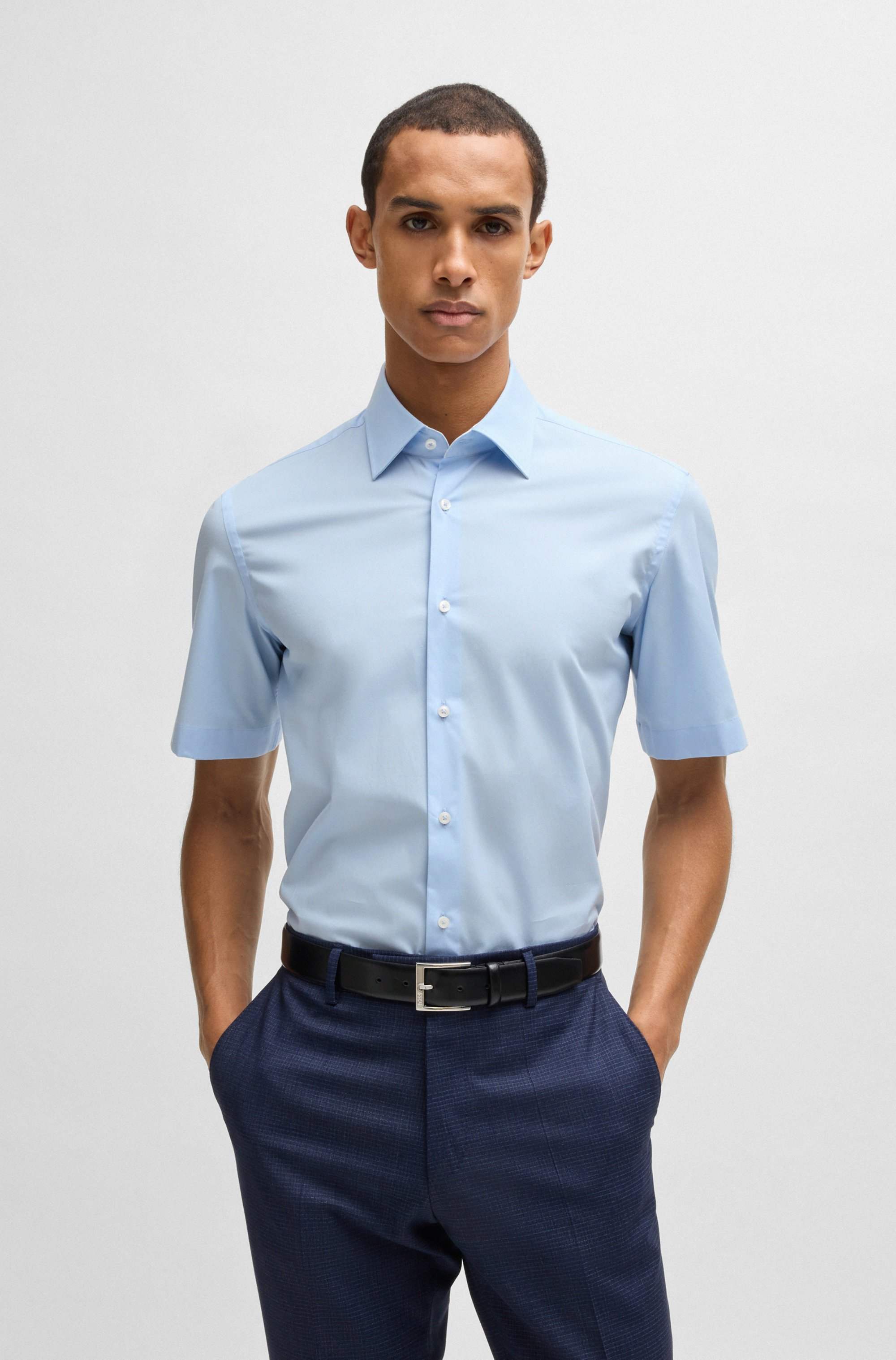 Regular-fit shirt in easy-iron stretch-cotton poplin
