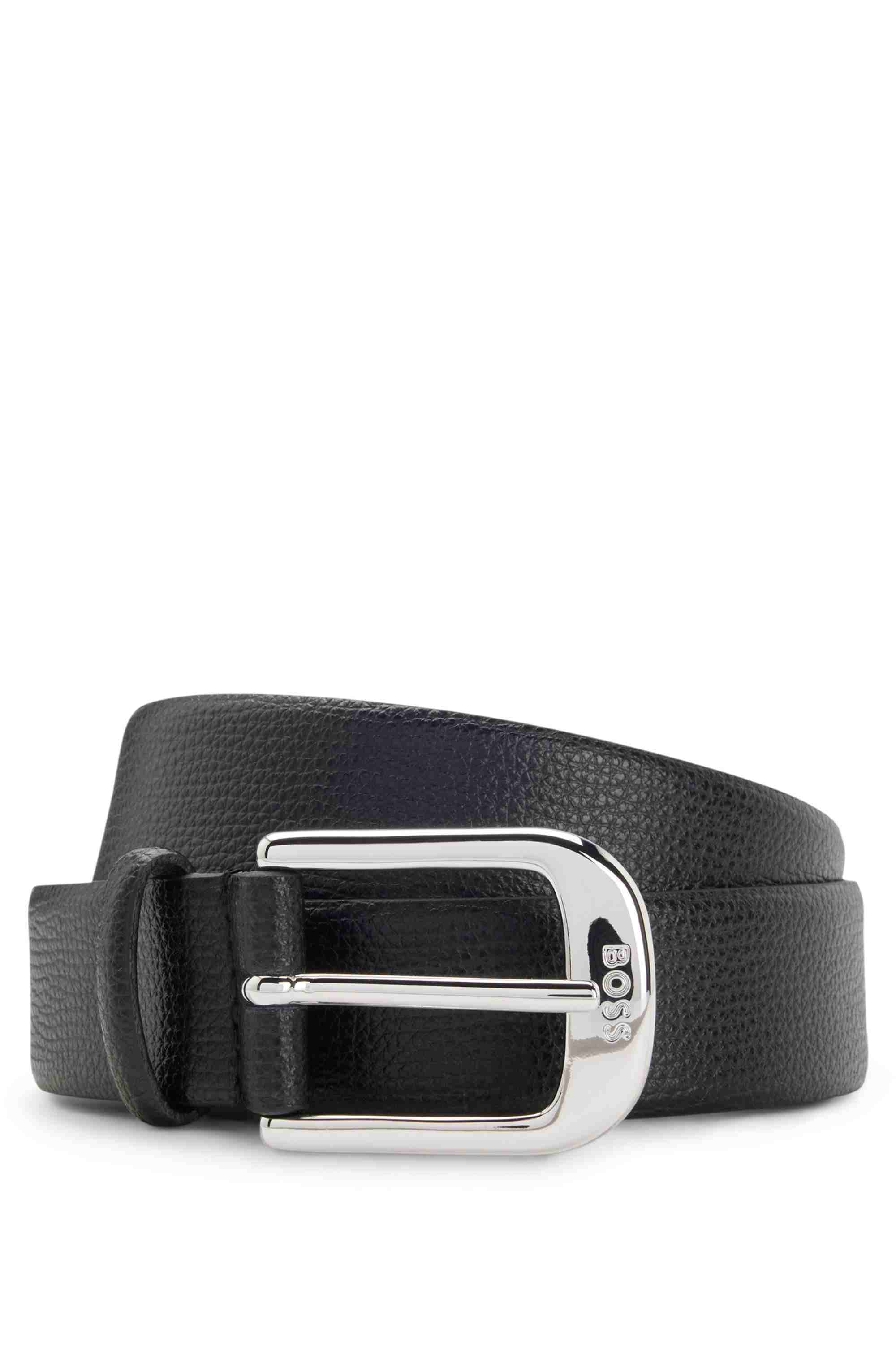 Grained Italian-leather belt with polished pin buckle