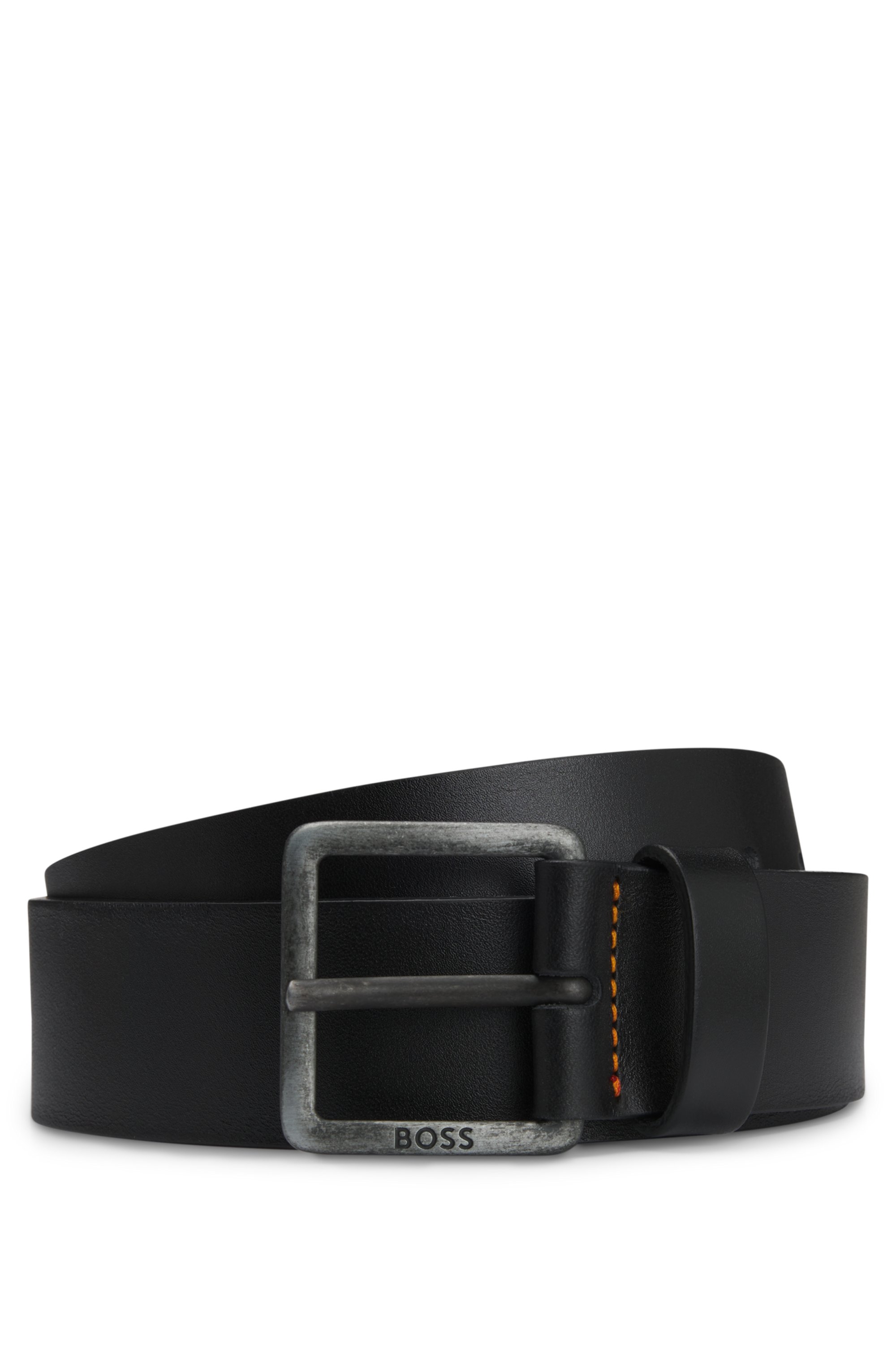 Leather belt with logo buckle