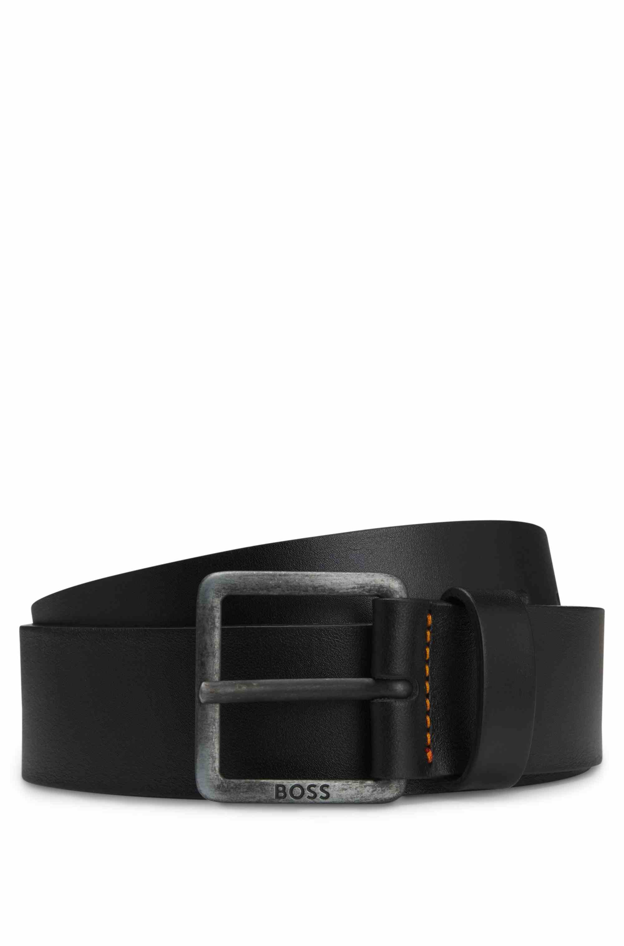 Leather belt with logo buckle